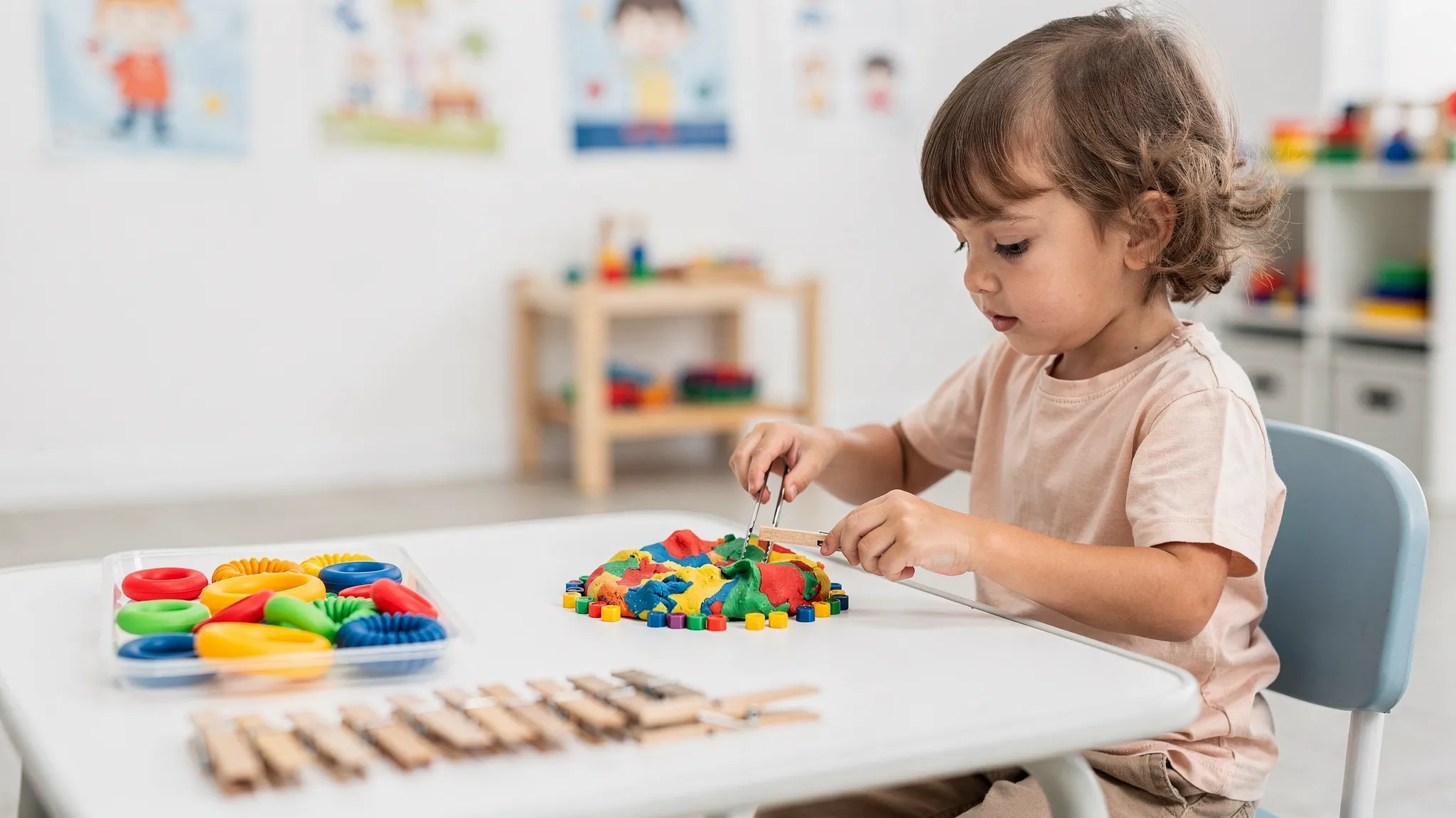 A child seated at a therapy table in a bright clinic uses colorful therapy putty and small tongs to pick up beads, practicing pincer grasp and hand strength. Nearby are grip rings and clothespins arranged in a tray.