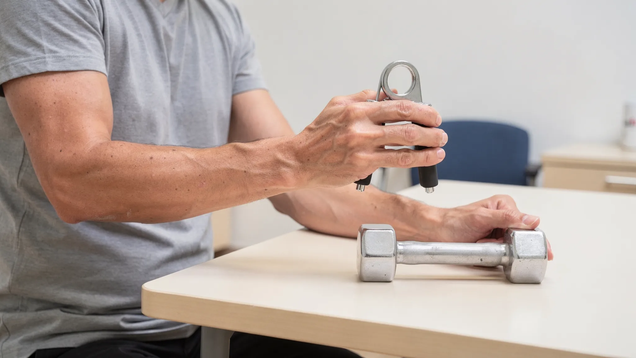 An adult performs seated hand and wrist strengthening exercises with an adjustable hand gripper and a light dumbbell on a table, focusing on neutral wrist alignment and slow controlled reps.