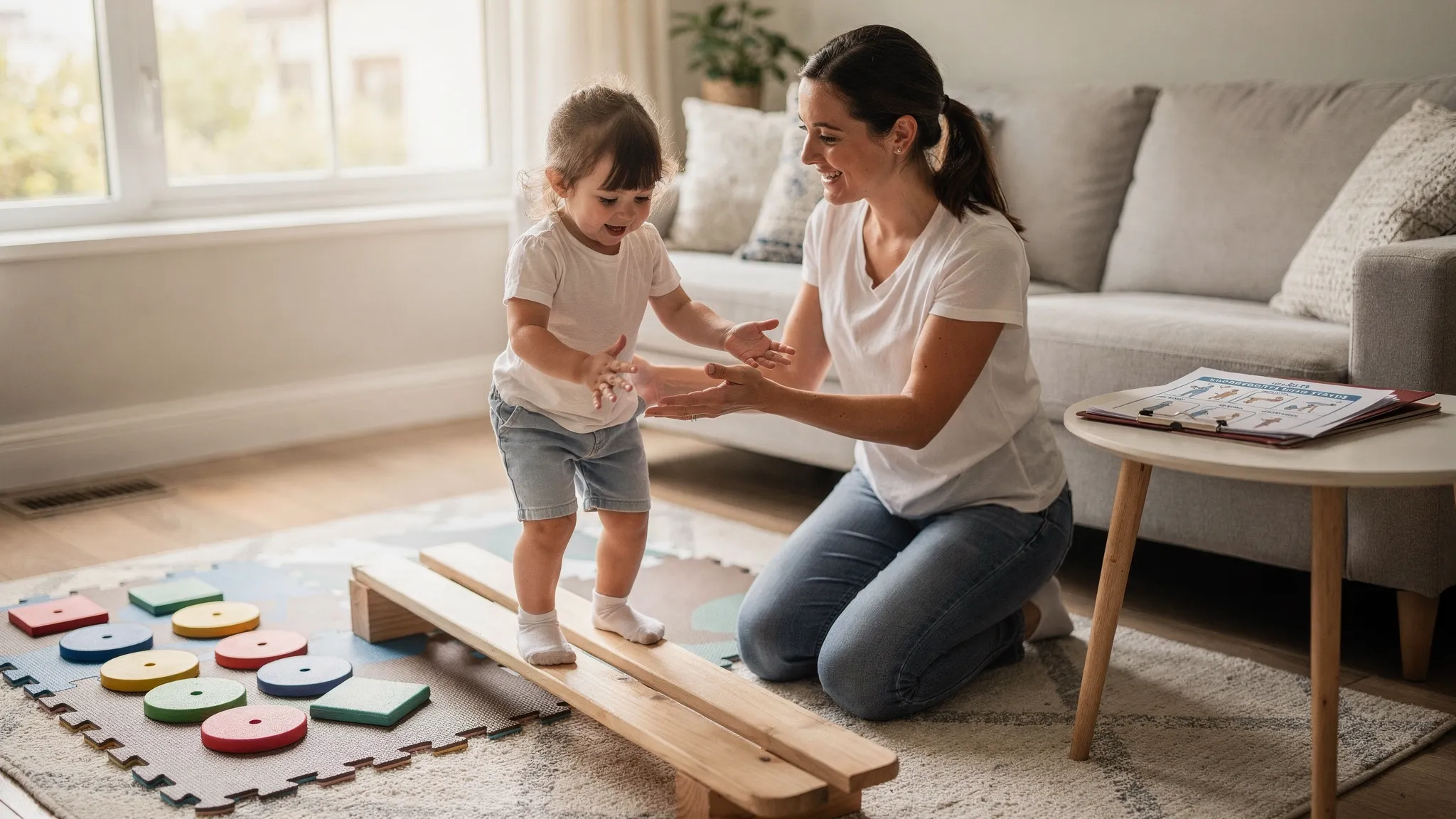 A parent practices pediatric physiotherapy exercises at home with a preschooler using a mini balance beam and colorful stepping stones while a printed home program sits on a nearby table. Natural daylight and soft floor mats create a safe space.