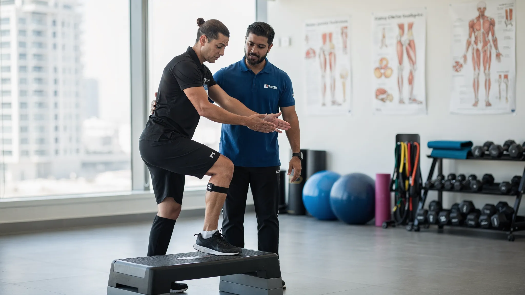 A licensed physiotherapist in a modern Dubai clinic guiding an adult through knee rehabilitation using a step platform and resistance bands, with anatomical posters and rehab tools in the background.
