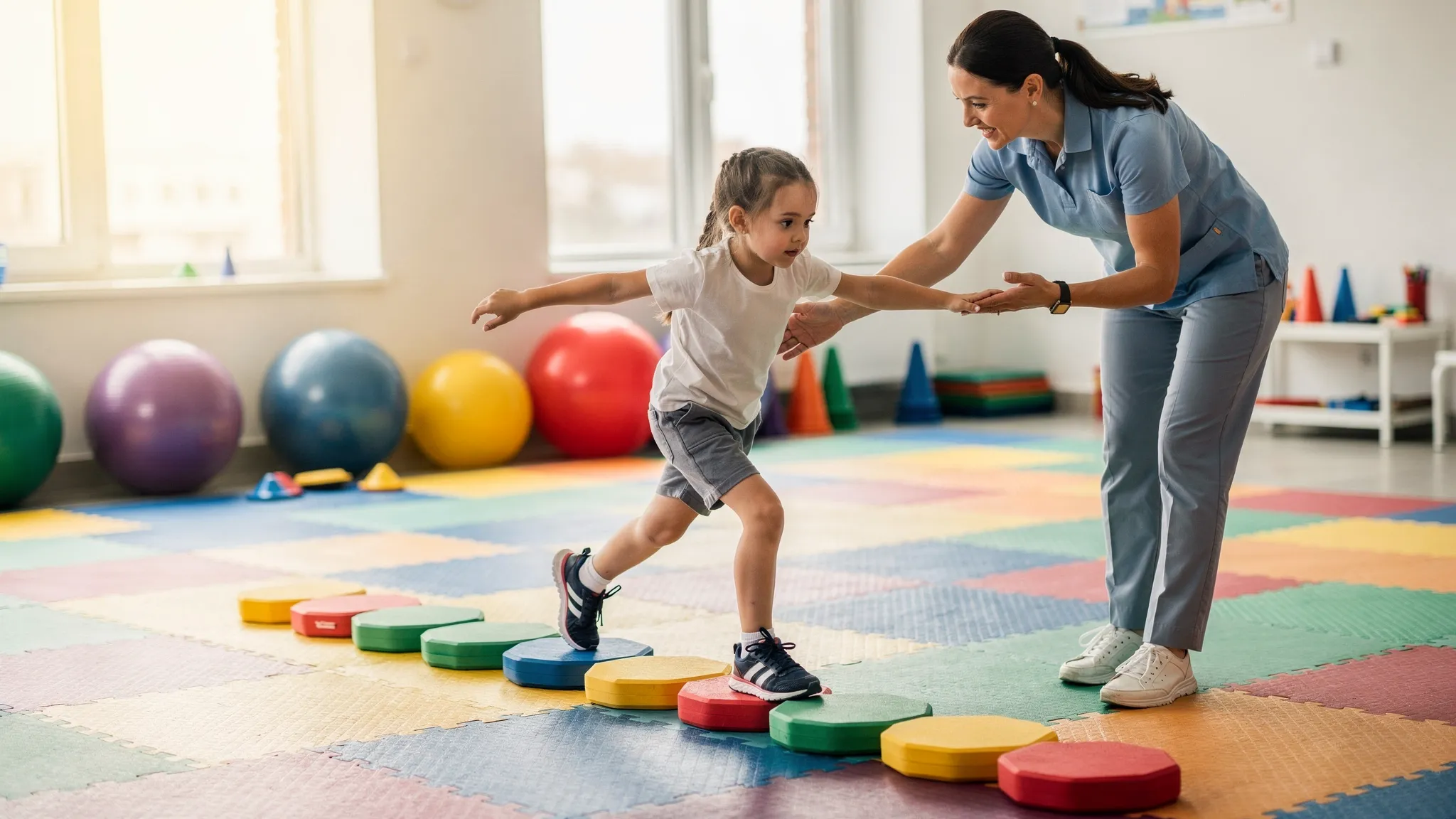 A school-aged child practices balance by stepping across foam river stones while a physiotherapist offers a hand for support. The scene shows full body coordination, core engagement, and focused attention in a spacious therapy gym.
