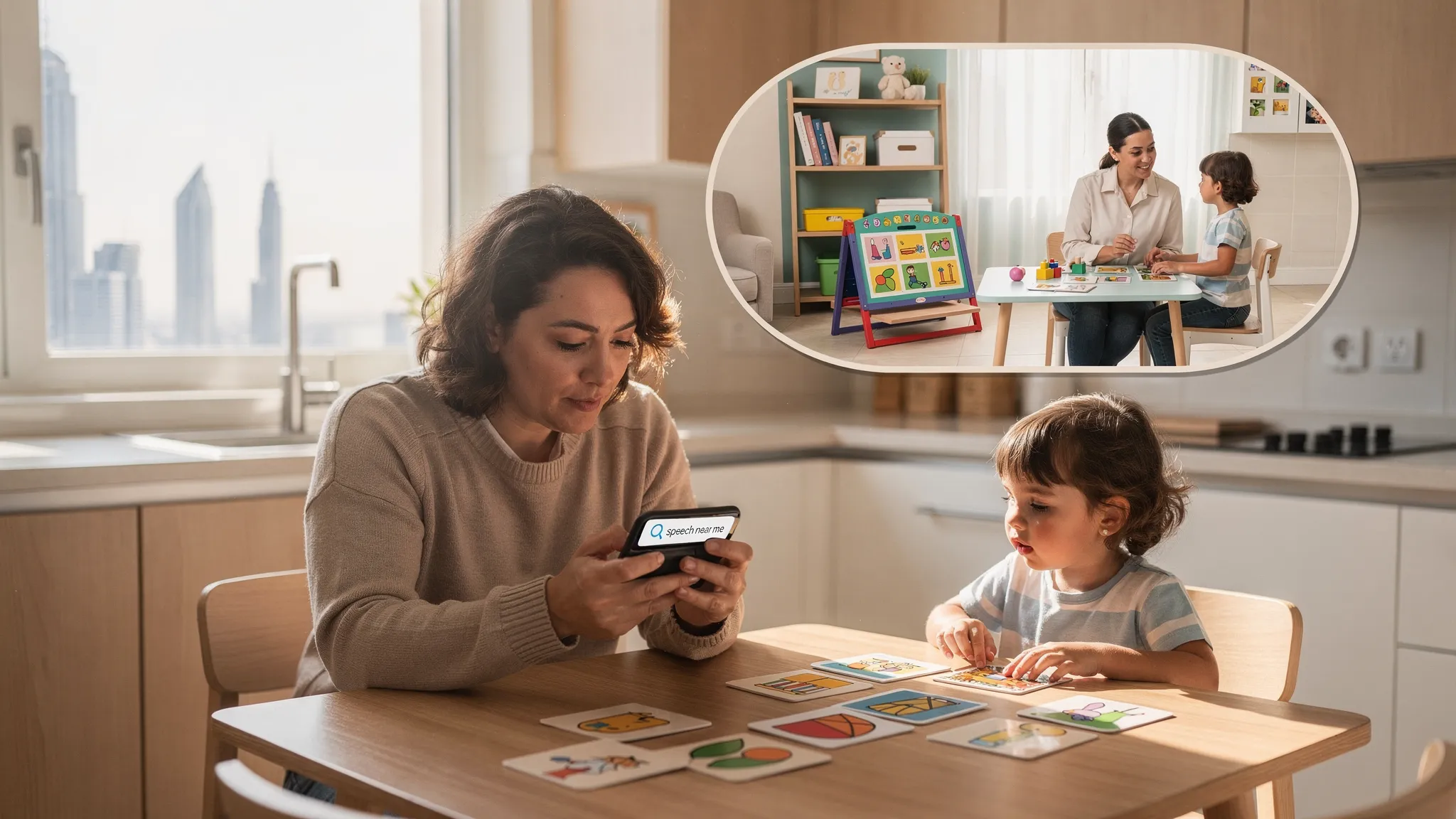 A parent sits at a kitchen table in Dubai using a smartphone to search for “speech near me,” while a child plays with picture cards beside them. A calm, modern clinic setting is shown in a thought bubble, depicting a speech-language pathologist engaging a child with play-based therapy tools.