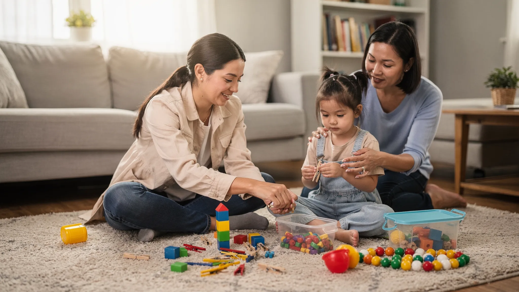 An occupational therapist sits on the floor with a child in a home living room, using simple toys and household items to practice fine motor skills, hand strength and attention. A caregiver watches nearby, learning how to repeat the activities between sessions.