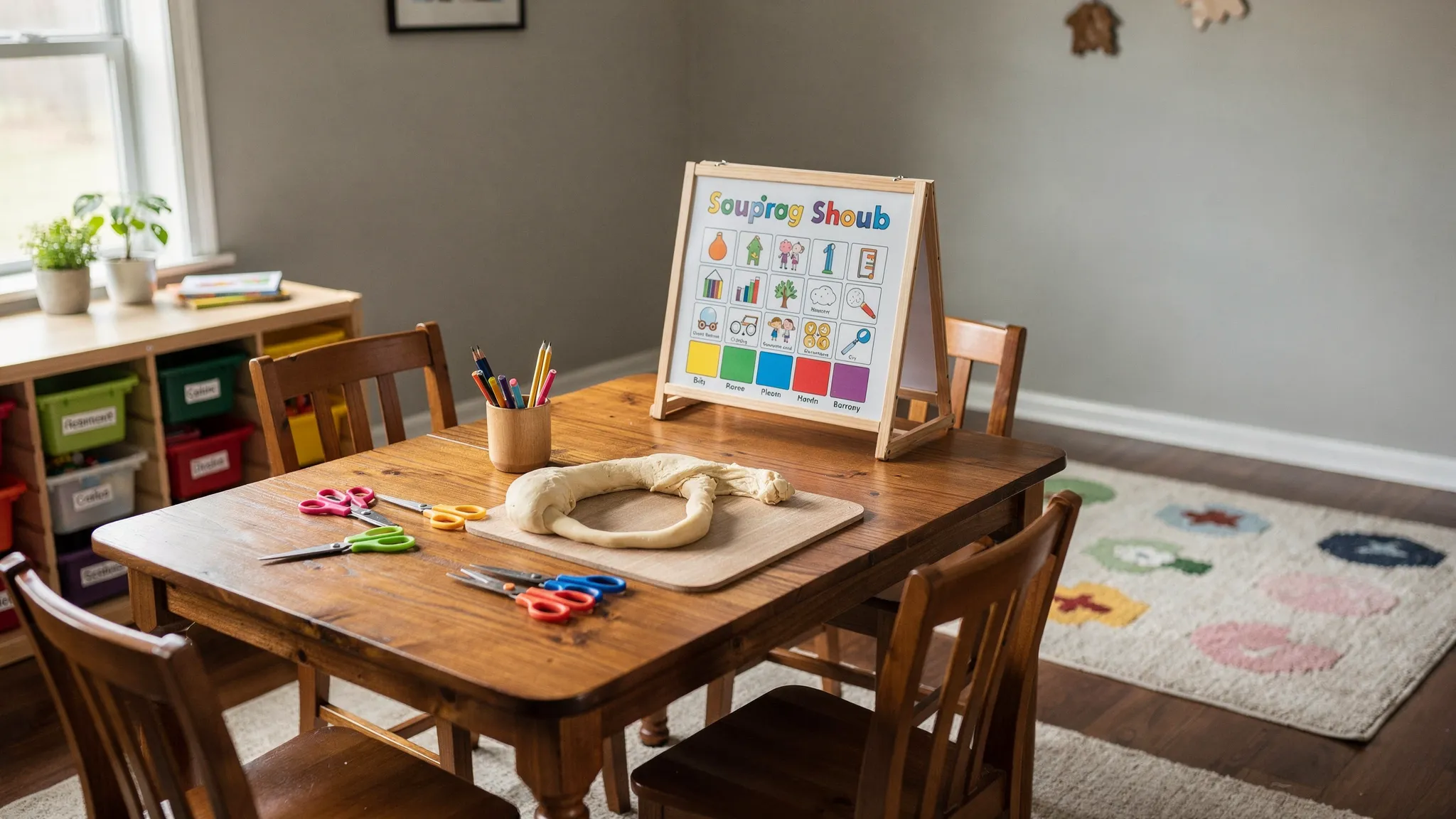 A simple home therapy setup showing a dining table with child-friendly scissors, pencils, putty and a visual schedule board. Nearby are labeled storage bins and a clear open floor space for movement breaks.