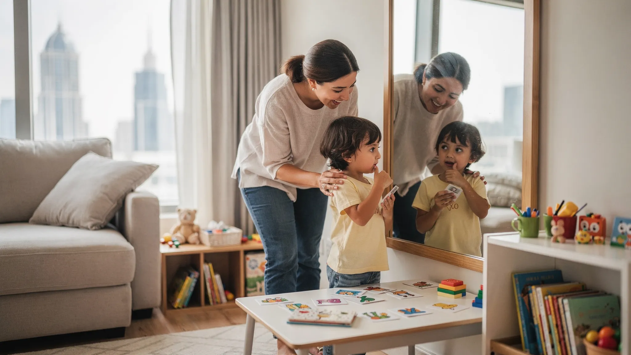 A parent and preschool child practice speech sounds together in front of a mirror. The child places a finger to the lips for the “s” sound while looking at picture cards. Bright Dubai apartment setting with toys and books nearby.