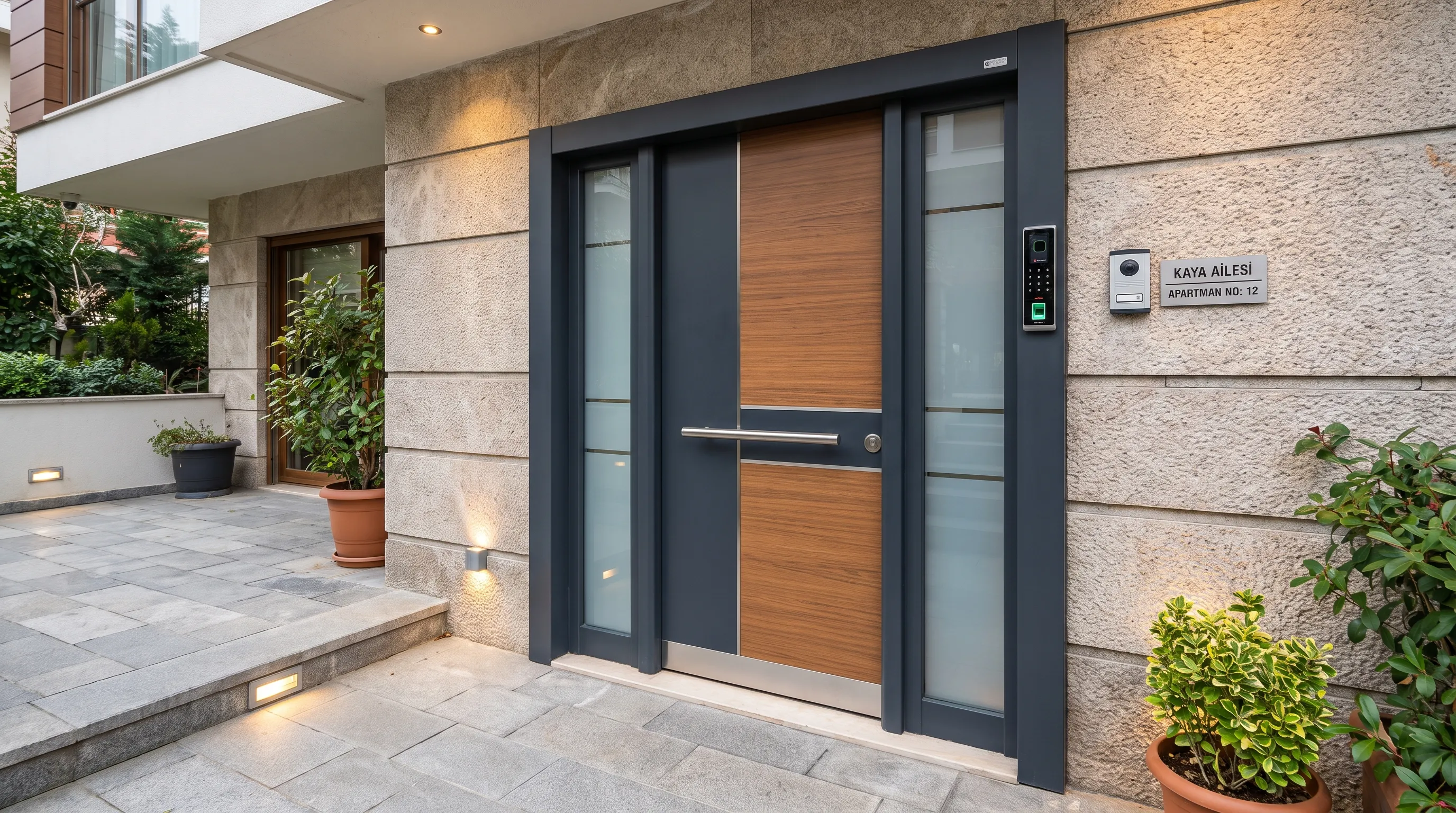 En güzel çelik kapı modelleri arasında değerlendirilebilecek, modern bir konut girişinde dış cepheyle uyumlu, geniş kollu, yan cam detaylı ve güvenli kilit sistemine sahip çelik kapı görülüyor.