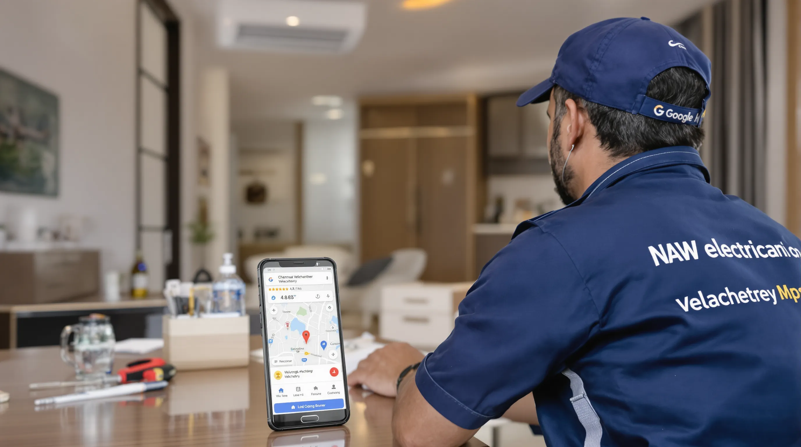 A Chennai electrician in a branded uniform installs an air-conditioner inside a customer’s Velachery apartment. A smartphone on the table shows a Google Maps screen with the business’s pin and 4.8-star rating.