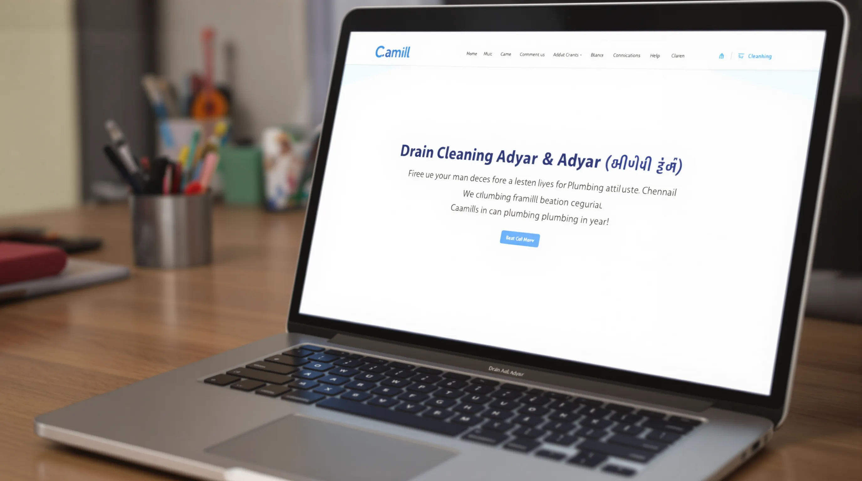 Close-up of a laptop displaying a bilingual (English-Tamil) webpage for a Chennai plumbing company, with highlighted title tag “Drain Cleaning Adyar | வடிகால் சுத்தம் அடையார்”.