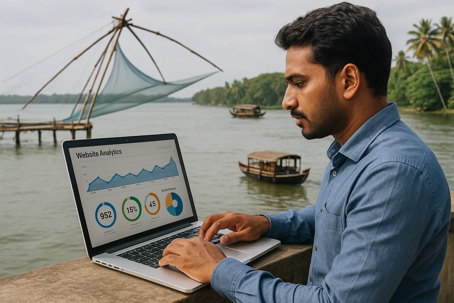 Illustration of a consultant analysing website analytics on a laptop while Kerala landmarks like Chinese fishing nets and backwater boats appear in the background, symbolising local expertise blended with digital skills.