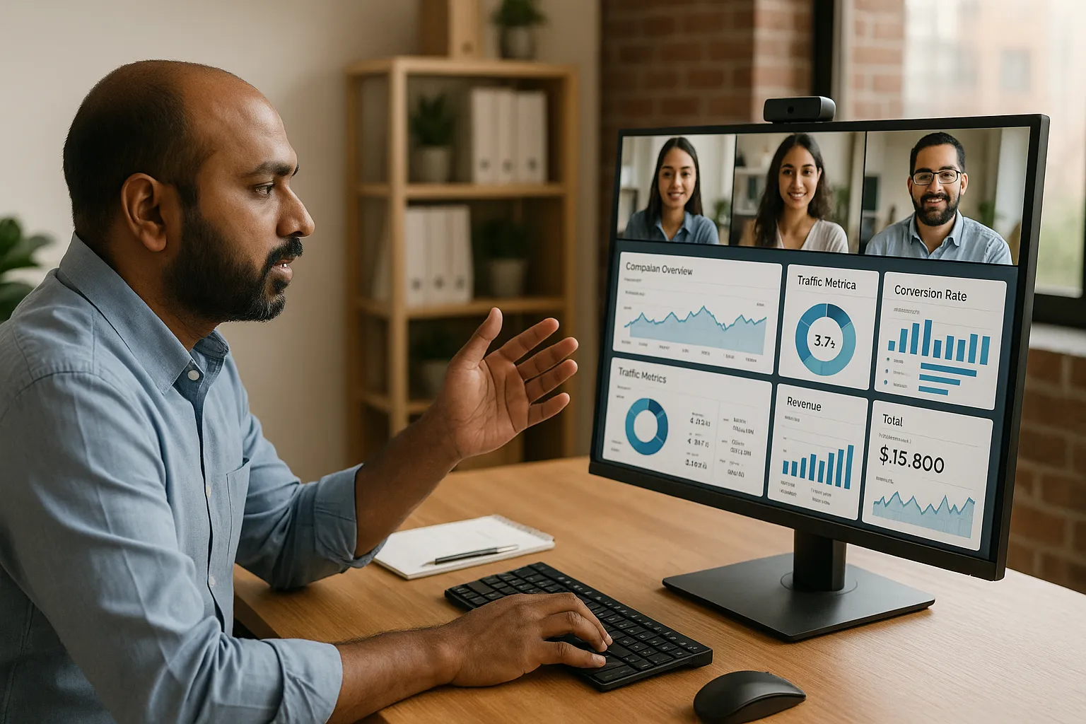 Kochi entrepreneur on a video call with a remote digital marketing team displayed on a widescreen monitor, showcasing collaborative work on campaign dashboards.
