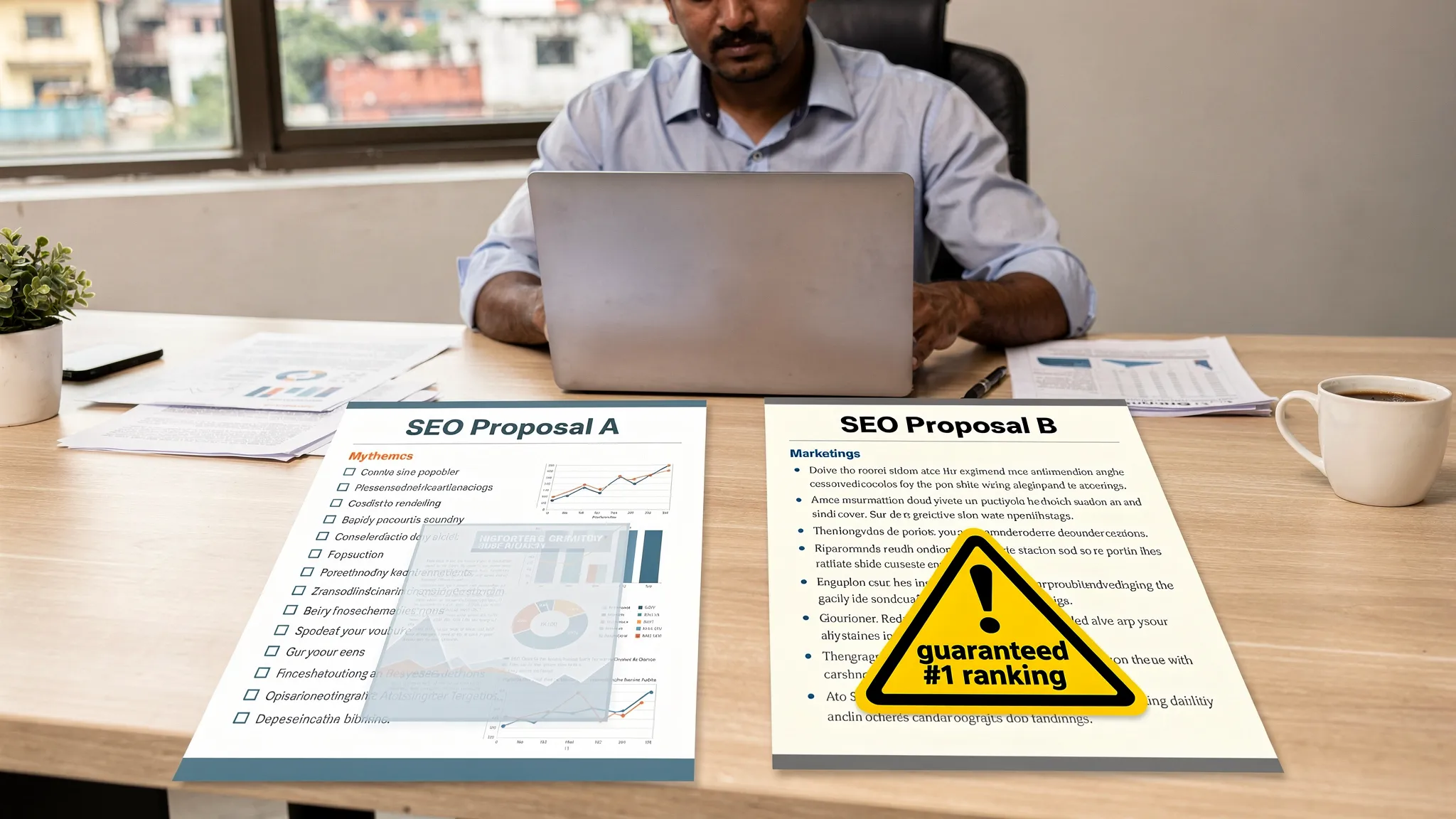 A simple comparison scene showing a business owner in Chennai reviewing two SEO proposals on a desk, with visible elements like a checklist, a transparent report, and a warning icon next to &ldquo;guaranteed #1 ranking,&rdquo; conveying myth vs reality evaluation.