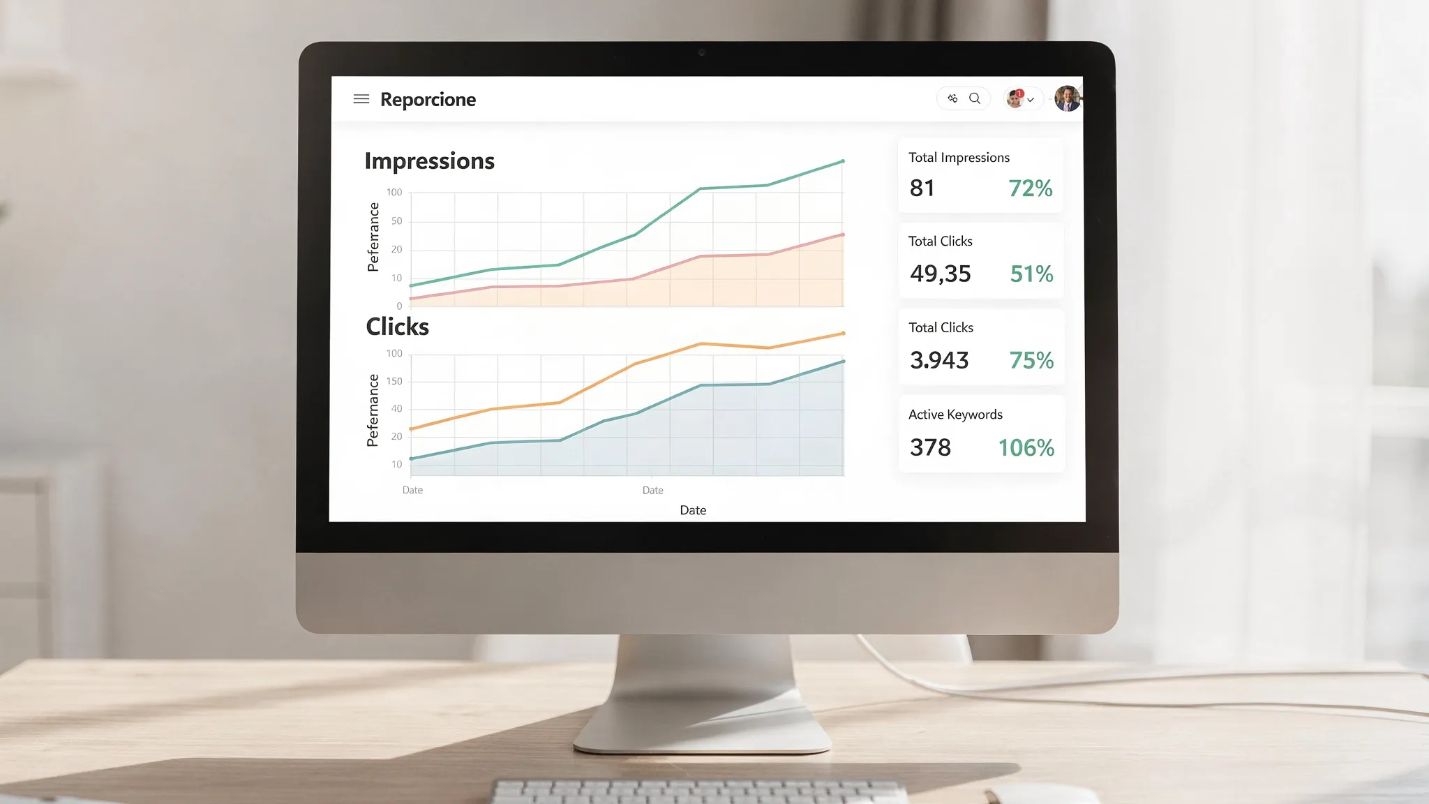 A clean, simplified dashboard-style illustration showing SEO progress metrics over time, including impressions, clicks, and keyword count trend lines, designed to represent transparent reporting without showing any real brand data.