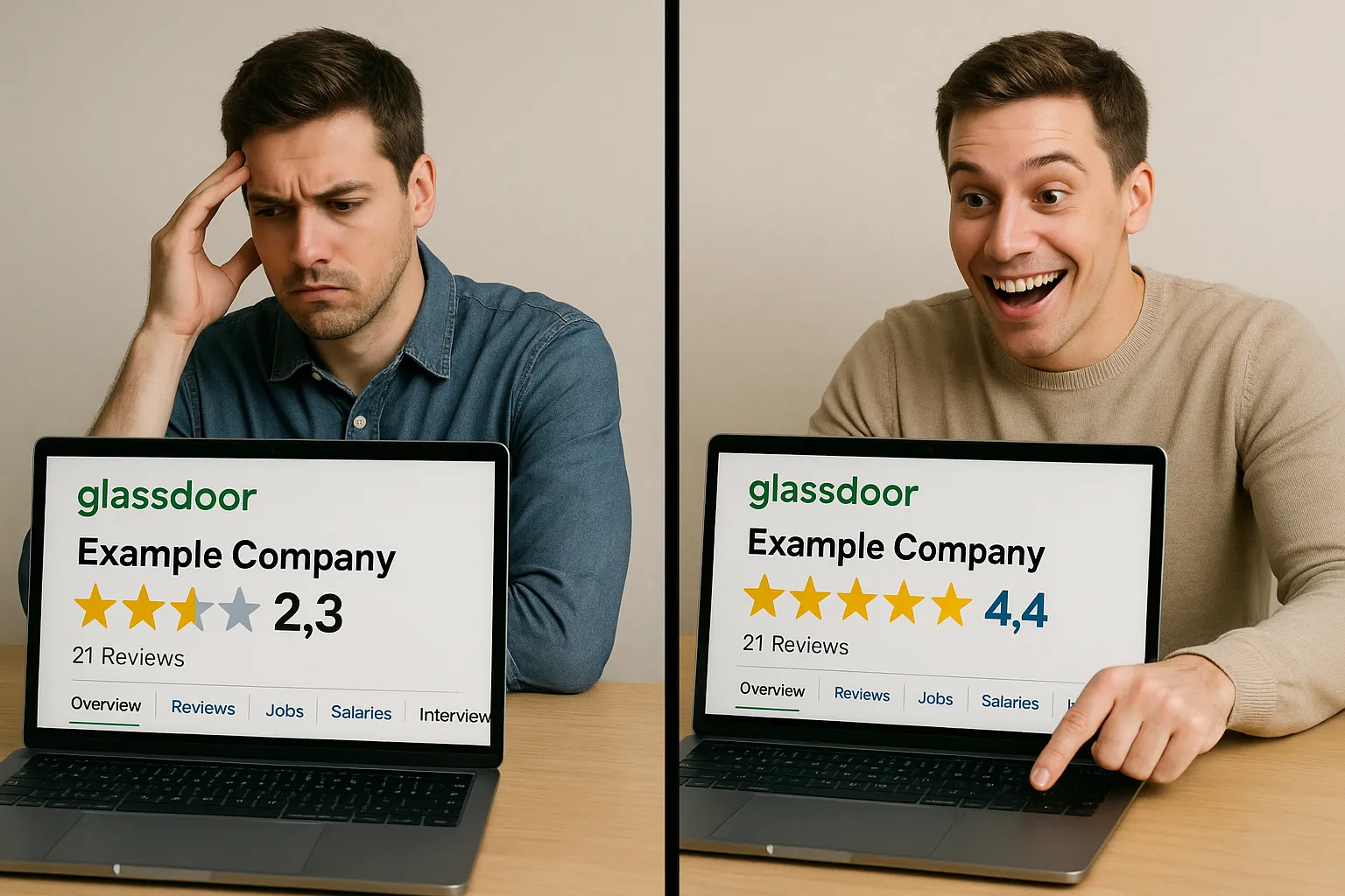 A split-screen illustration: on the left a laptop showing a company’s Glassdoor page with 2.3 stars and a frustrated candidate turning away; on the right the same page upgraded to 4.4 stars with an enthusiastic candidate clicking “Apply”.