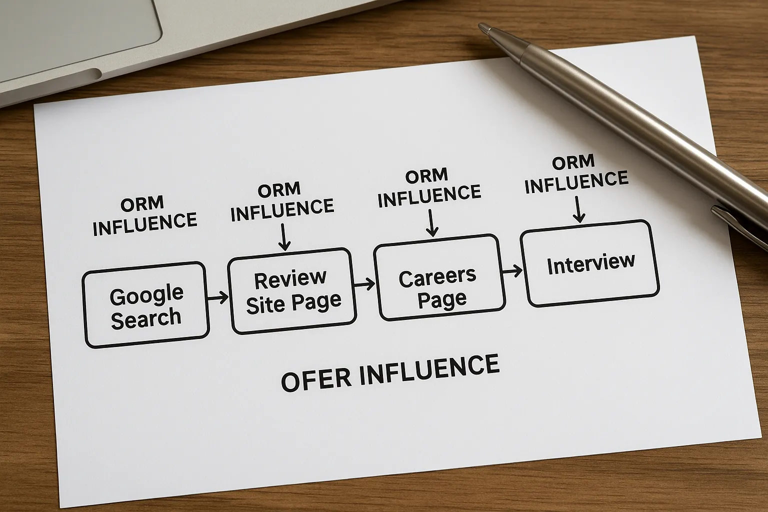 A flowchart with five boxes: Google Search → Review Site Page → Careers Page → Interview → Offer Acceptance, indicating ORM influence at each stage.