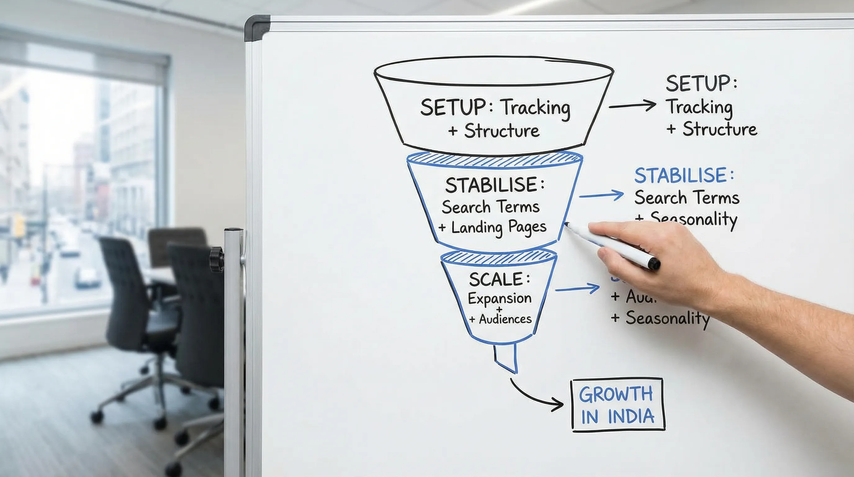 A simple funnel diagram showing SEM scaling in India: Setup (tracking + structure), Stabilise (search terms + landing pages), Scale (expansion + audiences + seasonality).