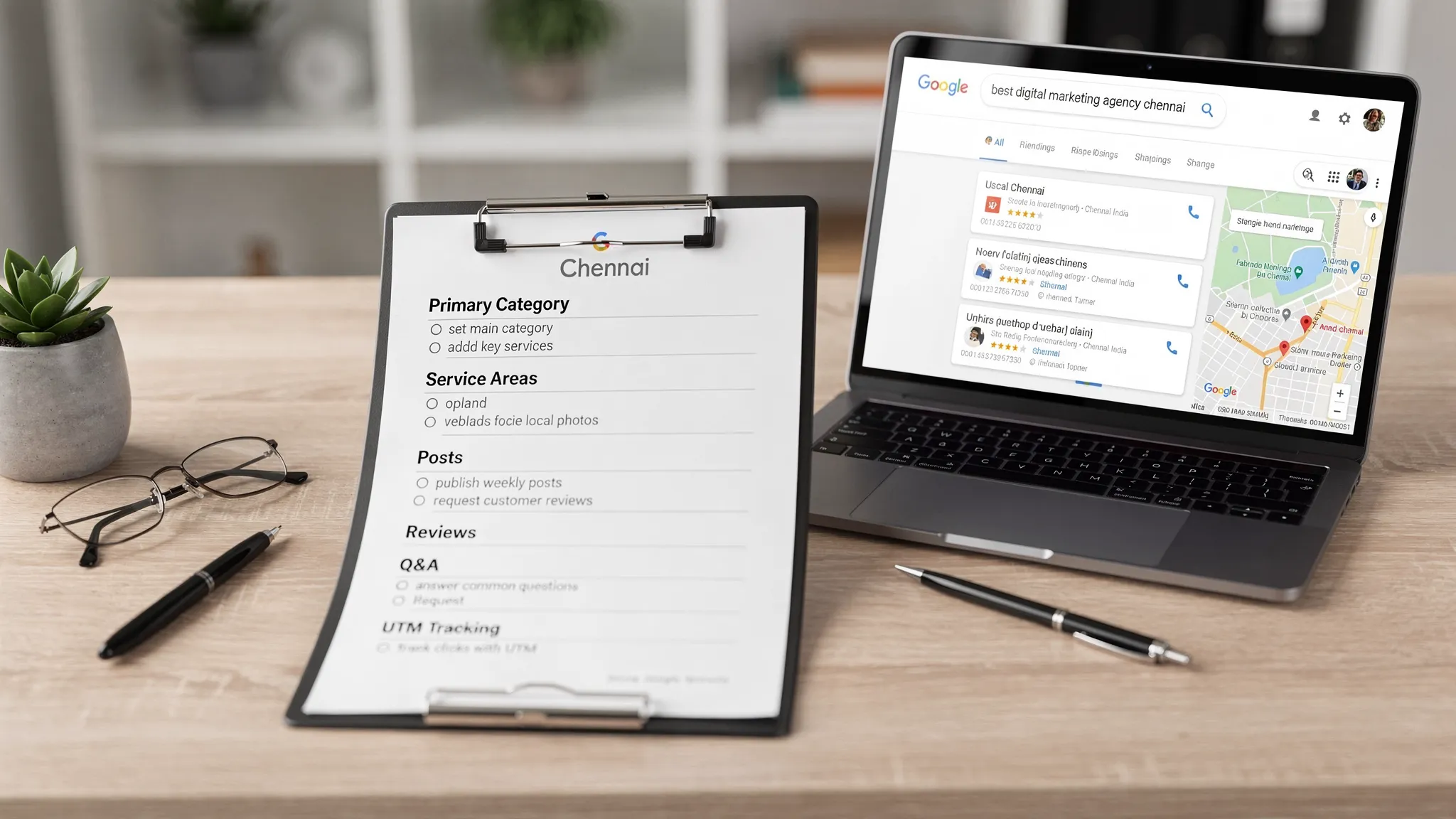 A detailed Google Business Profile optimisation checklist on a desk, showing fields like primary category, services, service areas, photos, posts, reviews, Q&A, and UTM tracking, with Chennai local search results on a laptop screen facing the viewer.