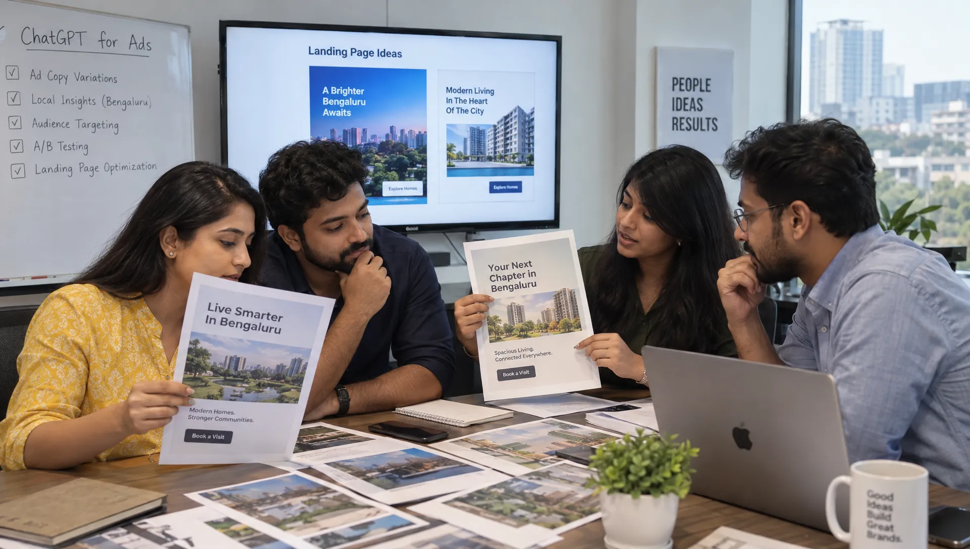 A marketing team compares printed ad-copy variations and landing-page mock-ups while planning ChatGPT-assisted advertising for Bangalore.