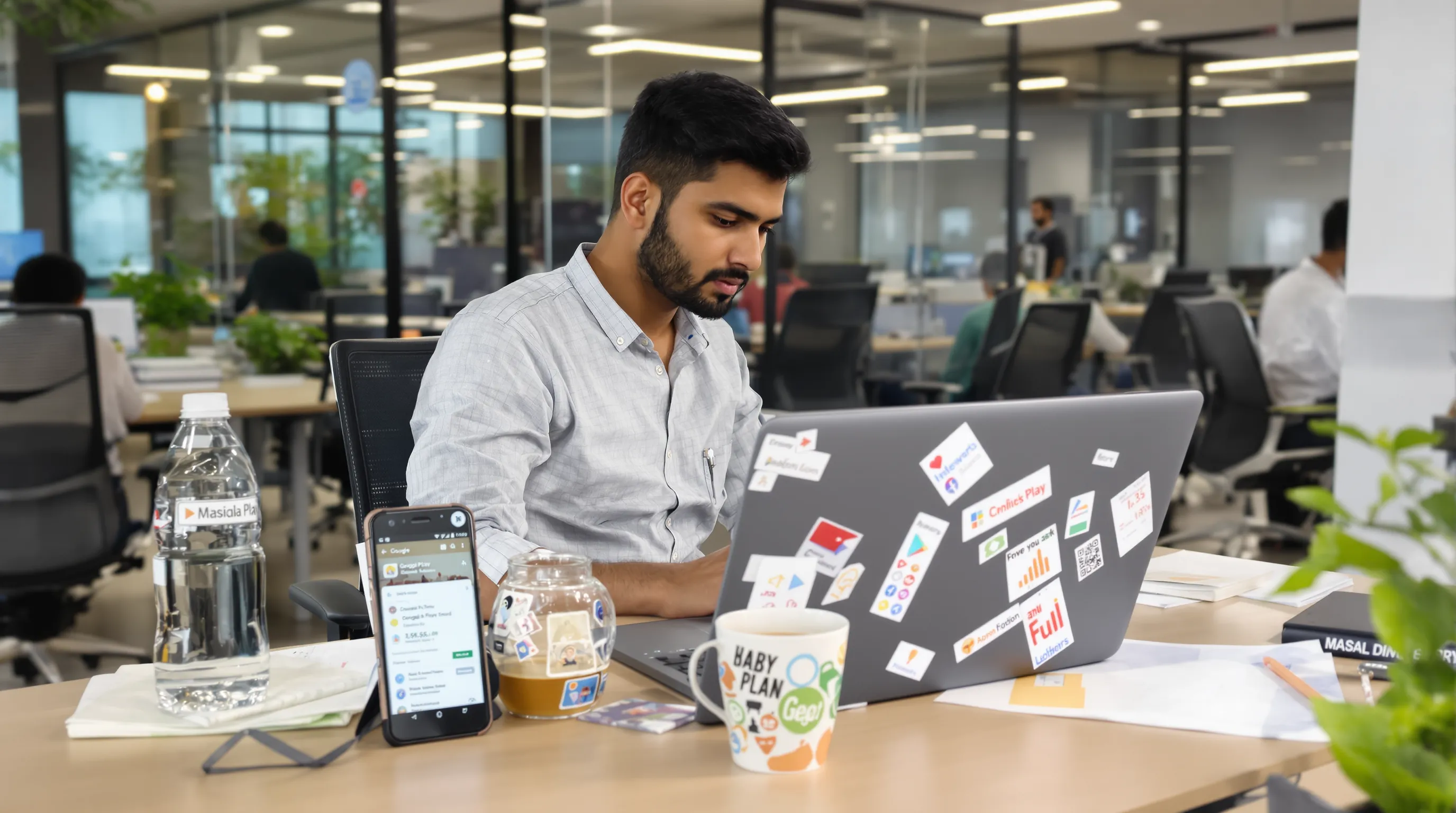 Young Indian app developer analysing keyword rankings on a laptop covered with stickers, while a smartphone displaying the Google Play Store listing is placed beside masala chai on a coworking-space desk.