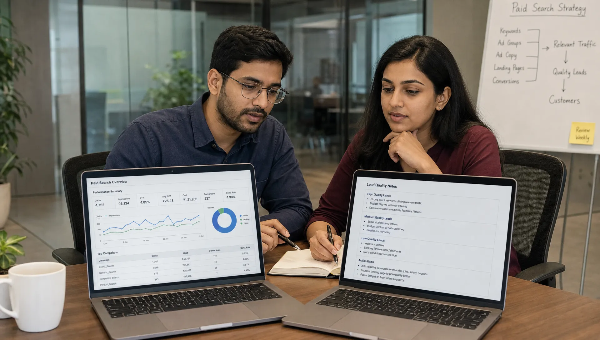 Two marketers review paid search reports and lead quality notes at a conference table with laptops open toward them.