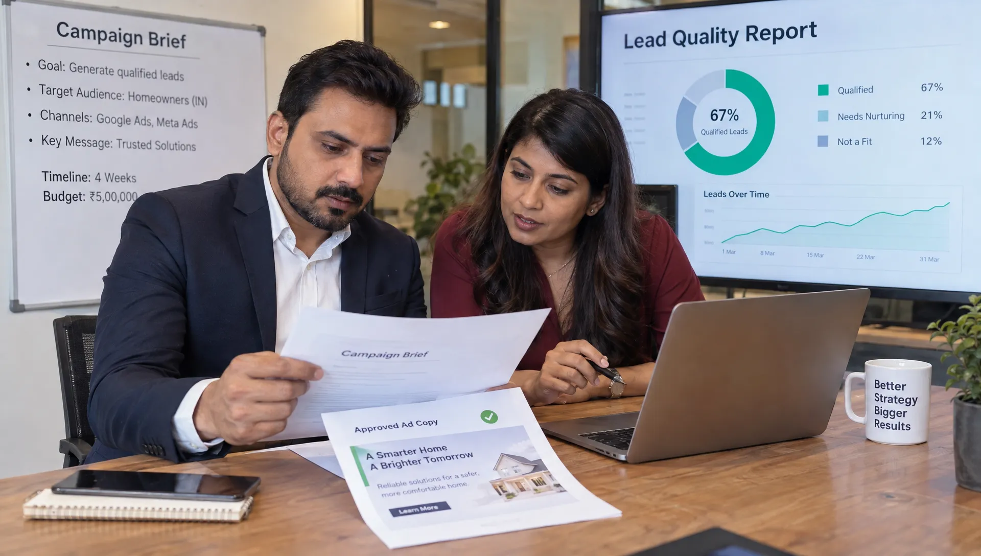 A business owner and advertising strategist review a campaign brief, approved ad copy and lead-quality report at a meeting table.