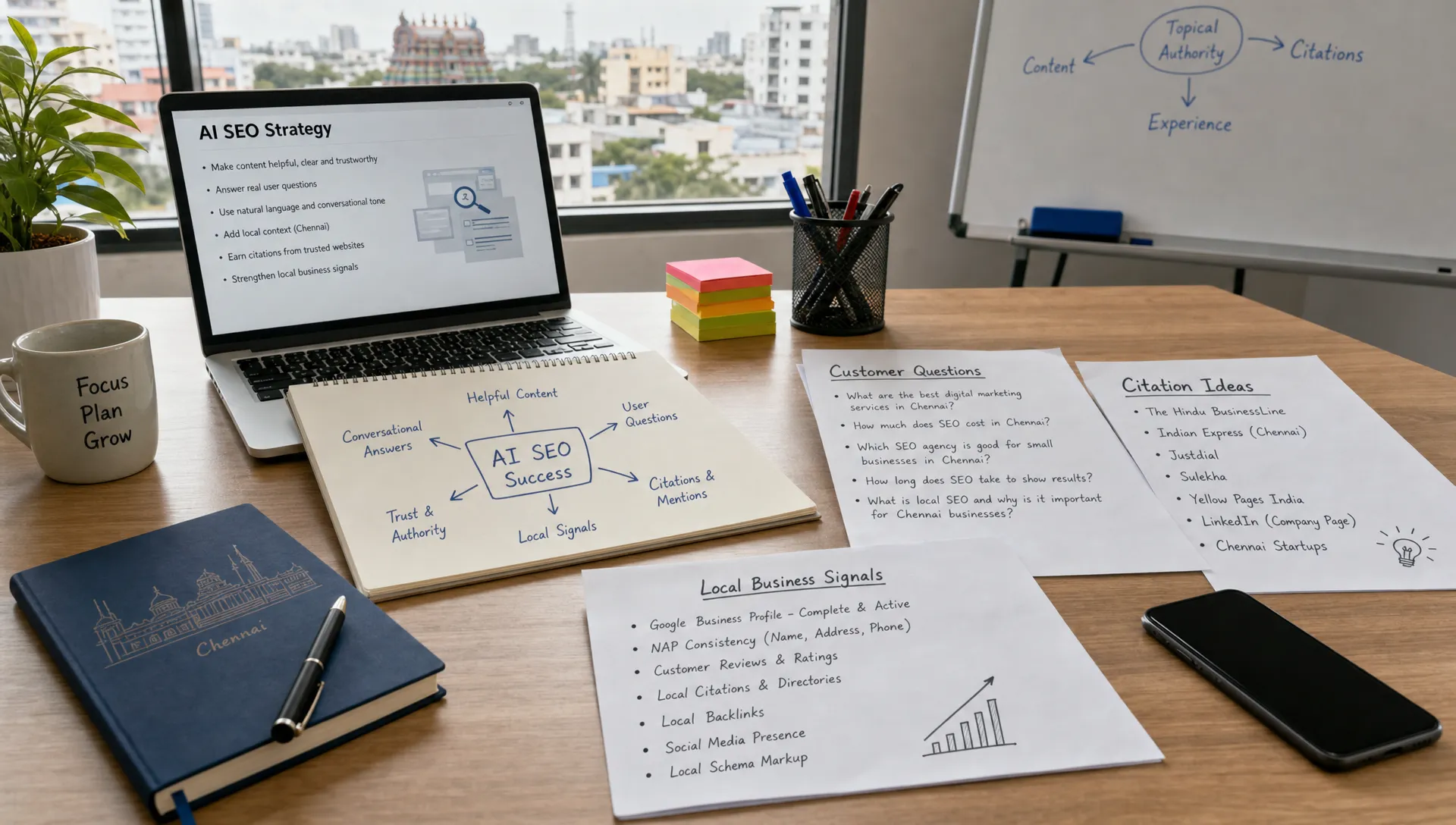 A Chennai office table holds AI SEO notes, customer questions, citation ideas, and local business signals.