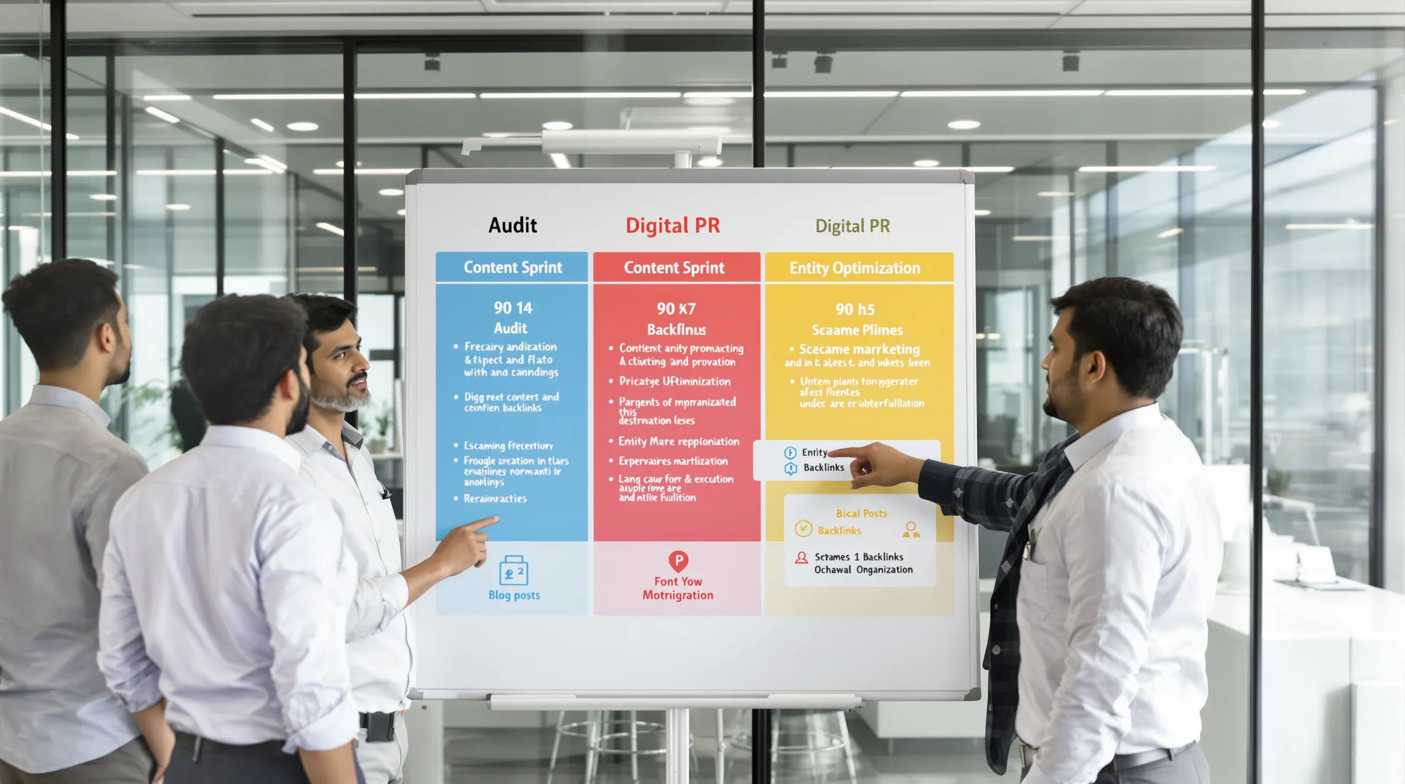 An Indian marketing team stands around a whiteboard roadmap that outlines four colored phases—Audit, Content Sprint, Digital PR, Entity Optimisation—spanning 90 days, with icons representing blog posts, backlinks, and schema markup.