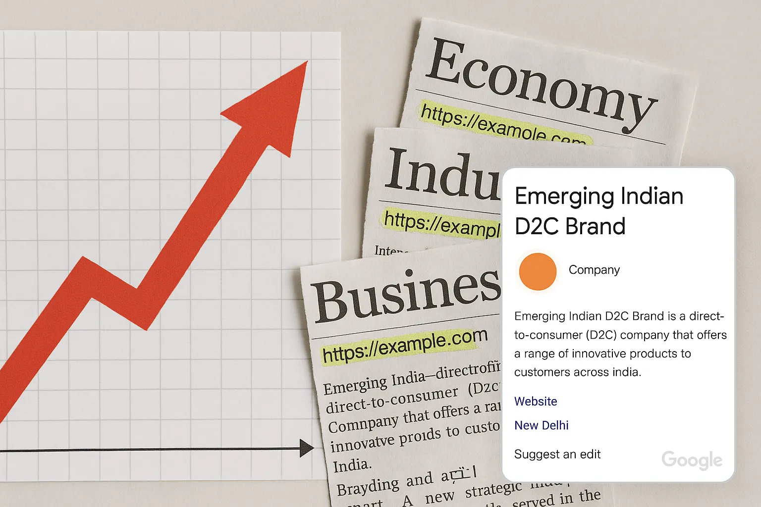 A collage showing a rising graph, Indian newspaper clippings with highlighted backlinks, and a screenshot of a Google Knowledge Panel for an emerging Indian D2C brand.