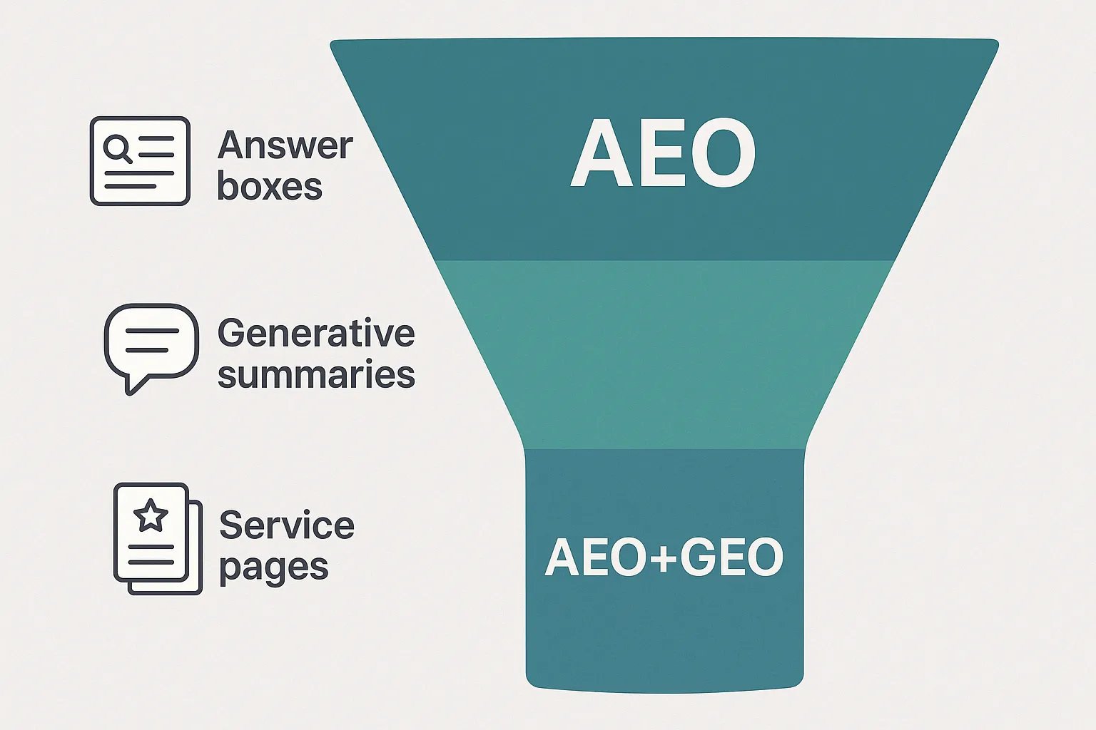 Illustration of a funnel showing AEO dominance at the top narrowing to combined AEO+GEO at the bottom, with icons for answer boxes, generative summaries, and service pages.
