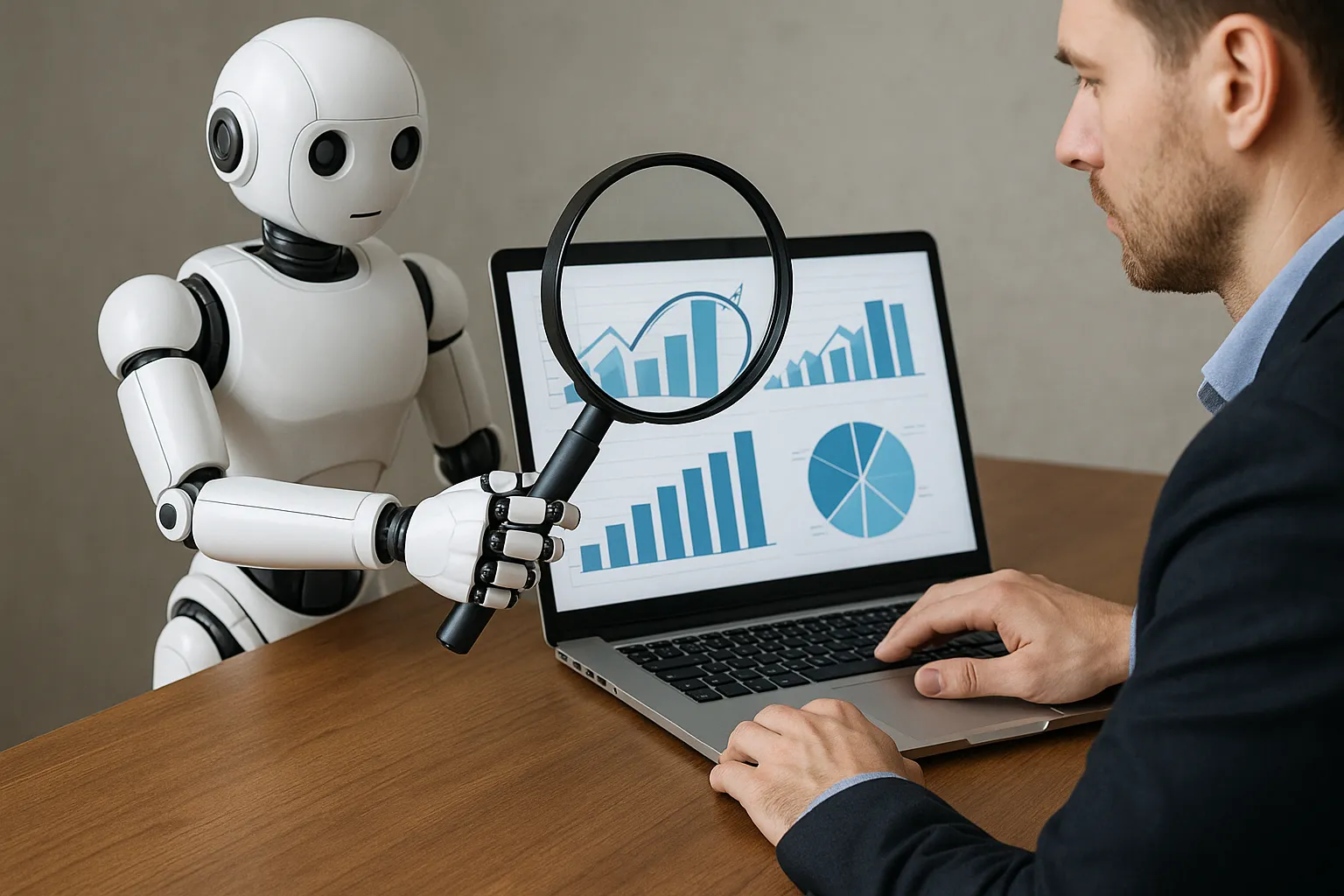 Conceptual image of robots handing a magnifying glass to a human marketer analyzing graphs on a laptop, representing collaboration between AI engines and marketers.