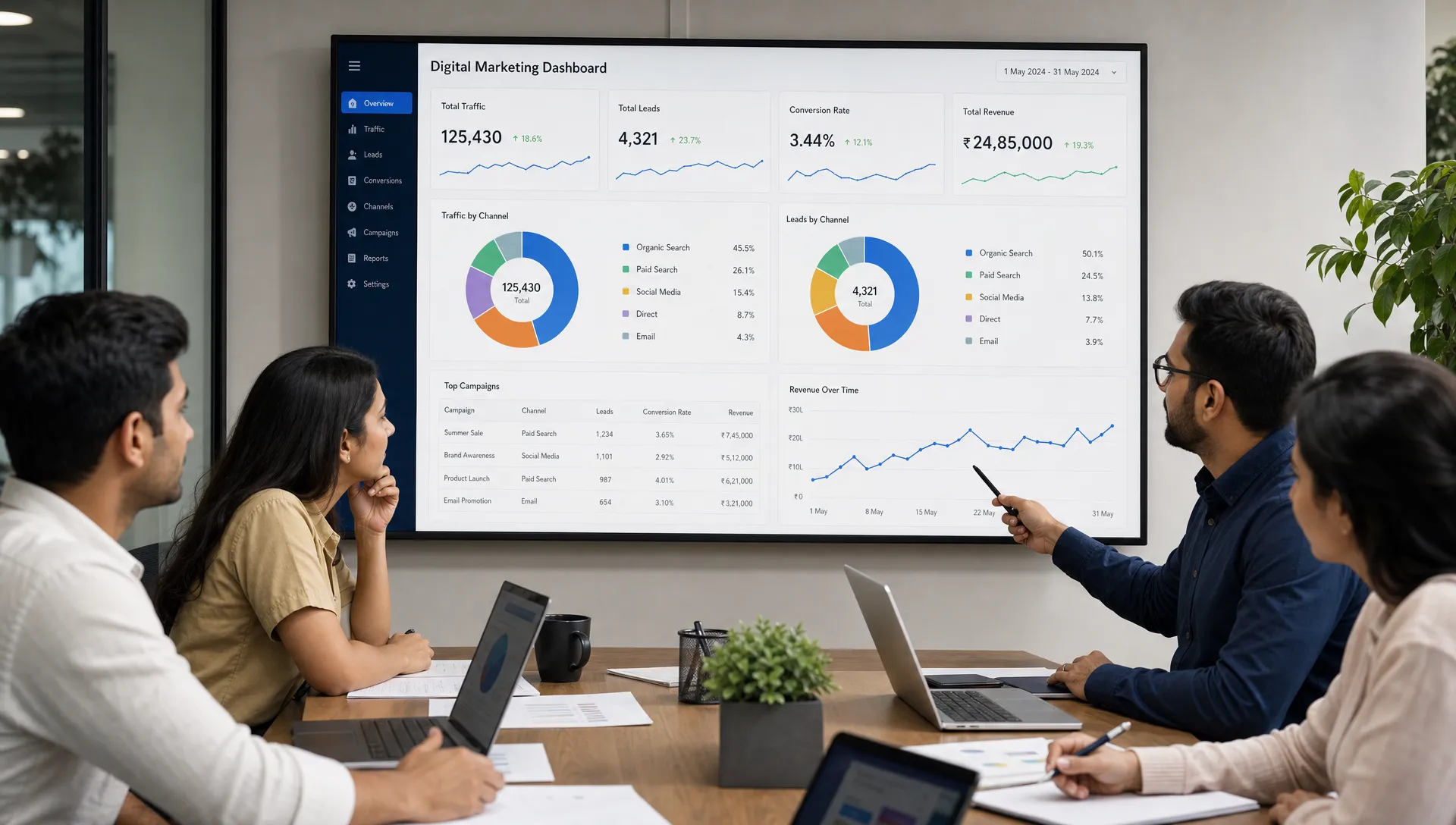 A team reviews a dashboard with traffic, leads, conversion rate, and revenue while discussing which digital marketing techniques are driving growth.