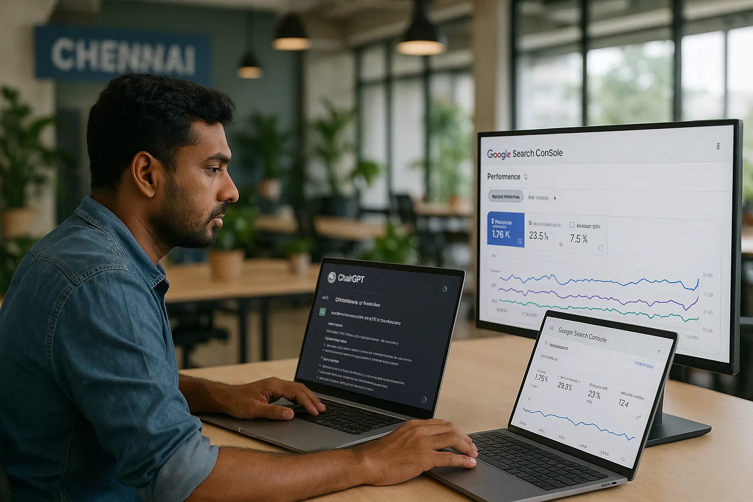 A digital marketer sits at a desk in a Chennai coworking space, reviewing a ChatGPT conversation on one laptop screen and a Google Search Console performance graph on a second monitor, illustrating AI-assisted SEO analysis.