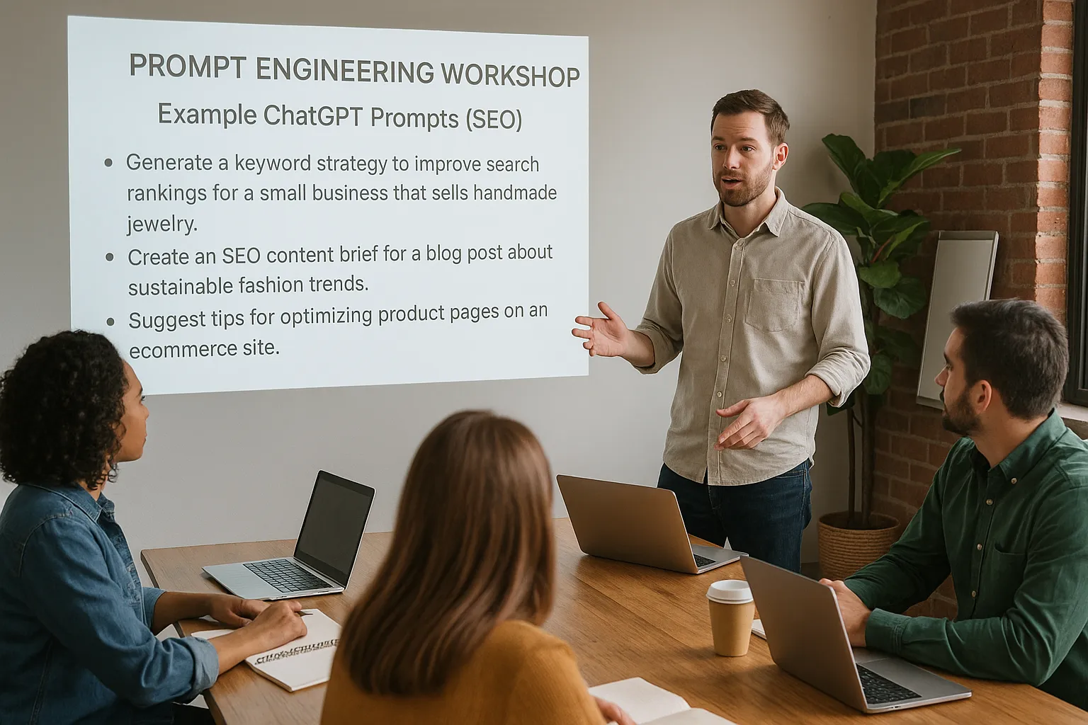 A workshop scene where a trainer explains prompt engineering to a small business owner’s team using a projector that shows example ChatGPT prompts related to SEO.