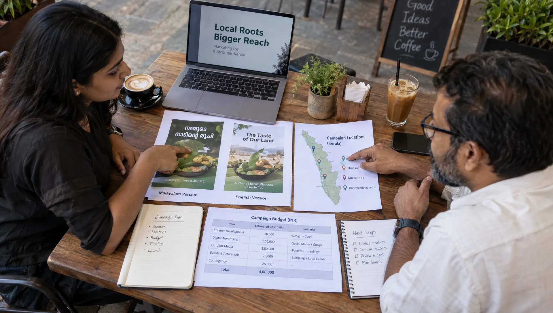 A marketer and Kerala business owner review Malayalam and English ad drafts, a budget worksheet, and a map for targeting local customers.