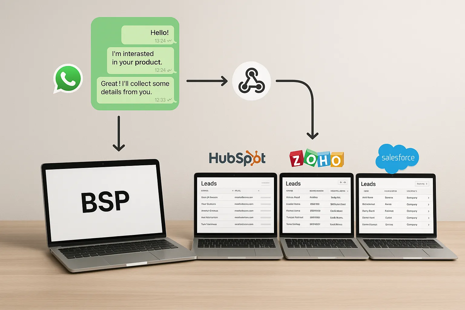 A diagram of a WhatsApp chat flowing through a BSP, hitting a webhook, then populating lead records in HubSpot, Zoho, and Salesforce dashboards shown on separate laptop screens.
