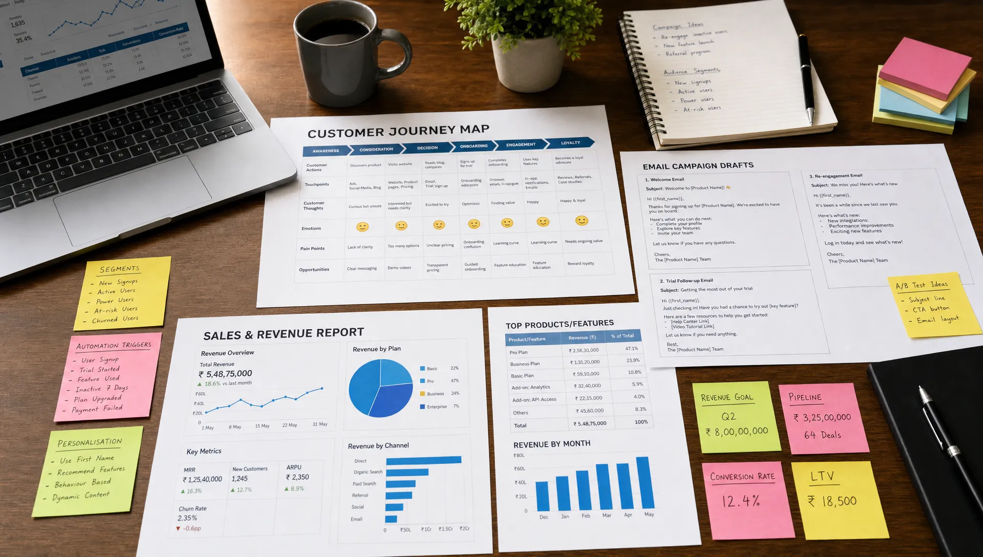 A desk with printed customer journey maps, email campaign drafts, sales reports and sticky notes showing segments, automation triggers and revenue metrics.