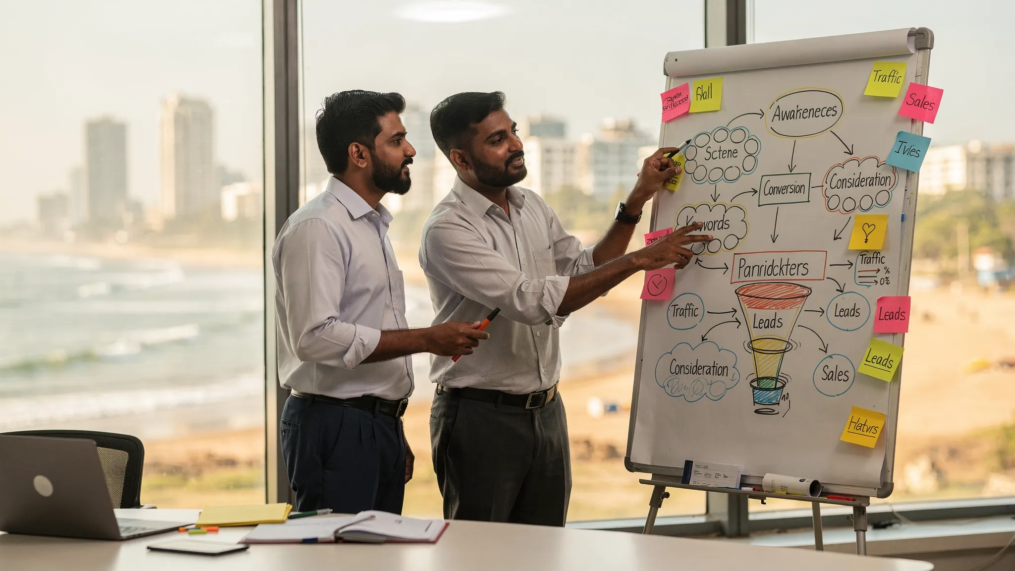 A Chennai business owner and an SEO expert reviewing a whiteboard plan with site architecture, keyword clusters, and a growth funnel, set against a subtle outline of the Chennai skyline and Marina Beach.