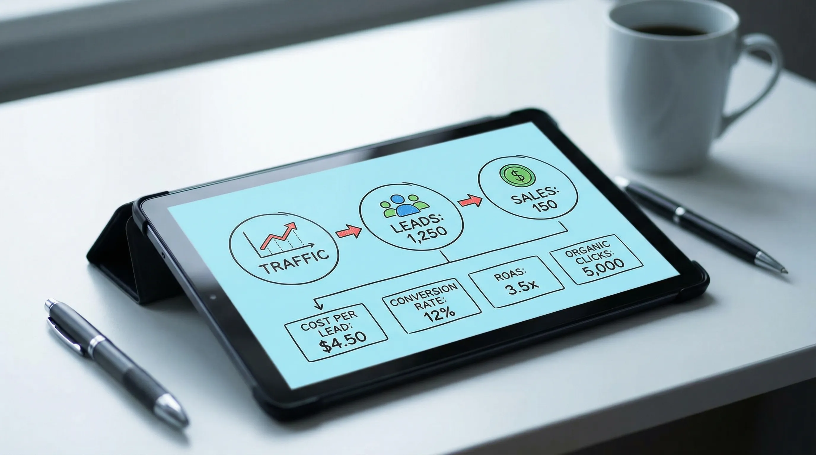 A simple dashboard-style illustration showing key marketing KPIs like leads, cost per lead, conversion rate, ROAS, and organic clicks, with arrows linking traffic to leads to sales.