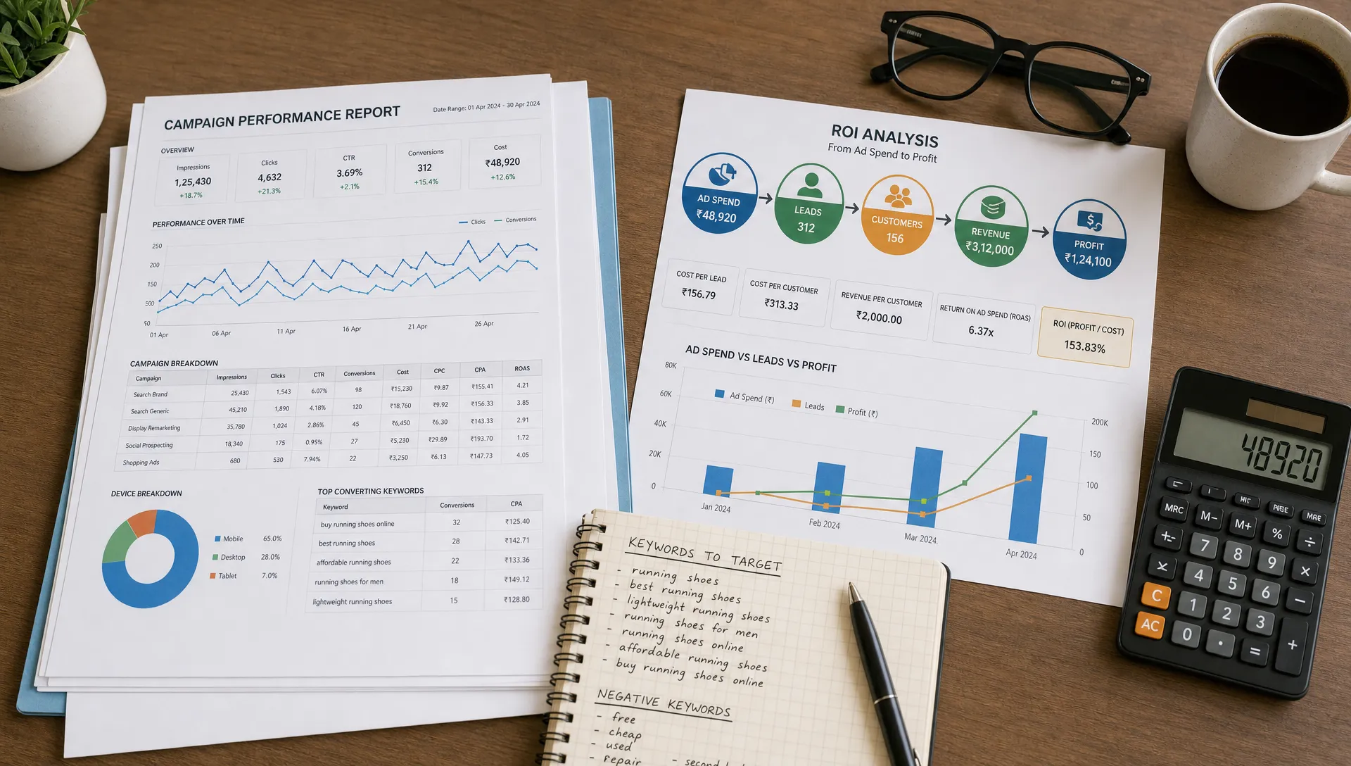 A desk holds campaign reports, a calculator, keyword notes and an ROI chart linking ad spend to leads and profit.