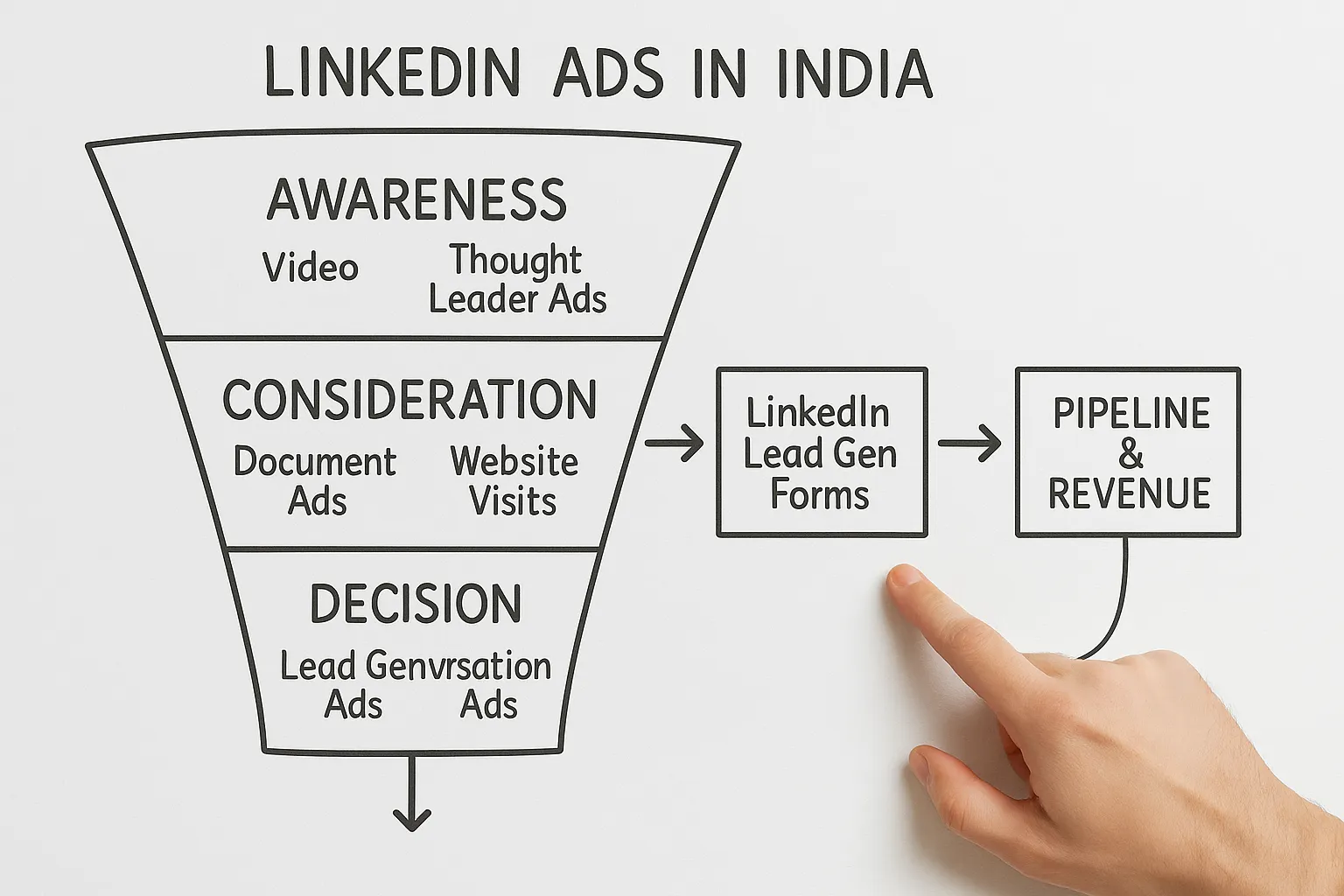 A simple funnel diagram for LinkedIn Ads in India showing three stages: Awareness (Video, Thought Leader Ads), Consideration (Document Ads, Website Visits), Decision (Lead Gen Ads, Conversation Ads). Arrows point from ads to LinkedIn Lead Gen Forms, then to CRM and finally to pipeline and revenue.
