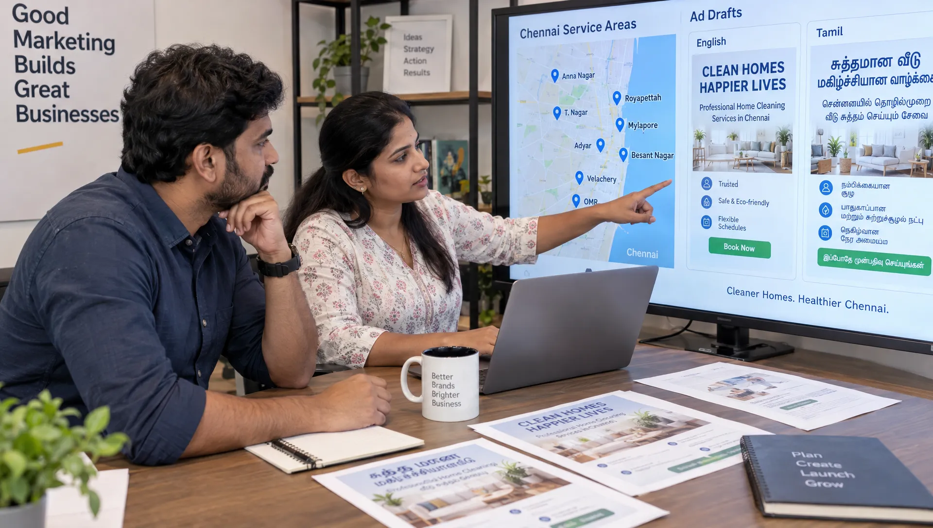 A business owner and marketing consultant compare Chennai service areas and English and Tamil ad drafts during a campaign planning meeting.