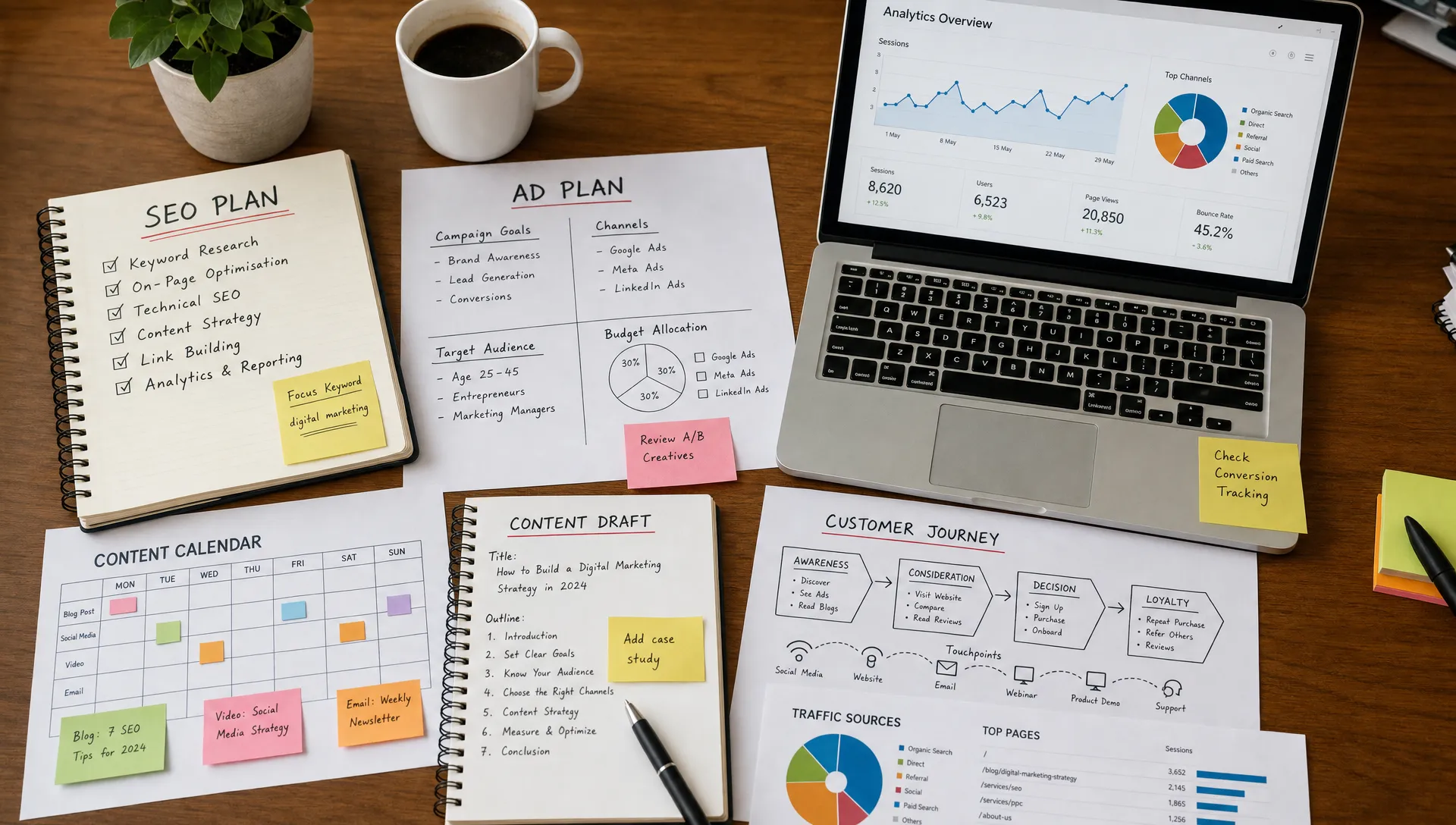 A strategy desk with SEO notes, ad plans, content drafts, analytics printouts, and customer journey sketches arranged for a marketing review.