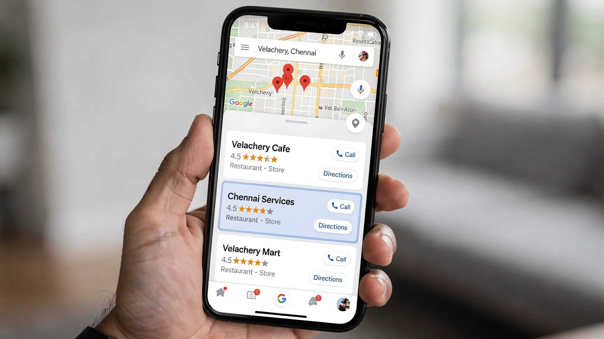 A smartphone showing Google Maps local pack results for businesses near Velachery, Chennai, with star ratings, call and directions buttons, and a highlighted business listing.