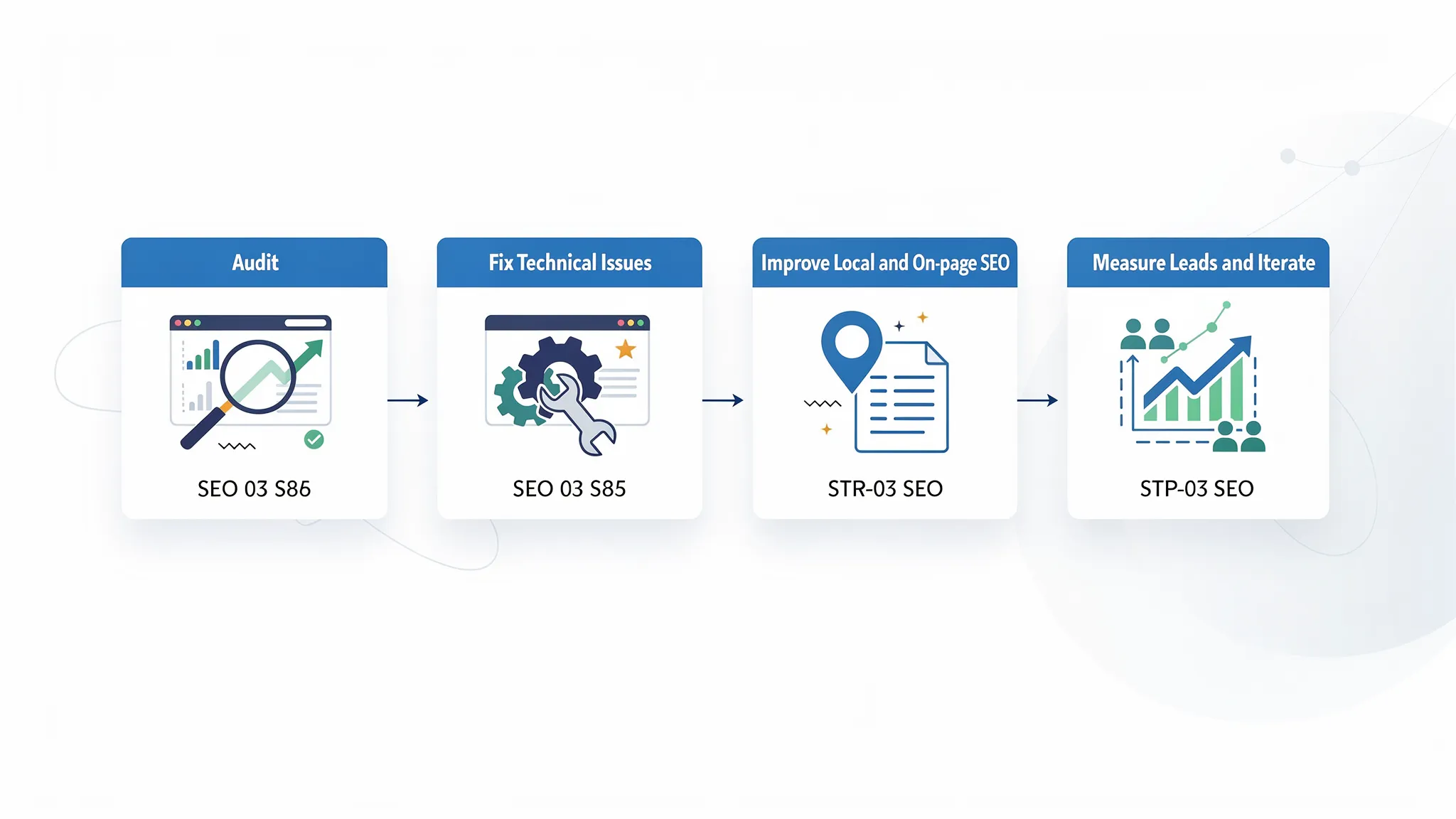 A simple four-step SEO workflow diagram showing Audit, Fix Technical Issues, Improve Local and On-page SEO, Measure Leads and Iterate, with icons for each step.