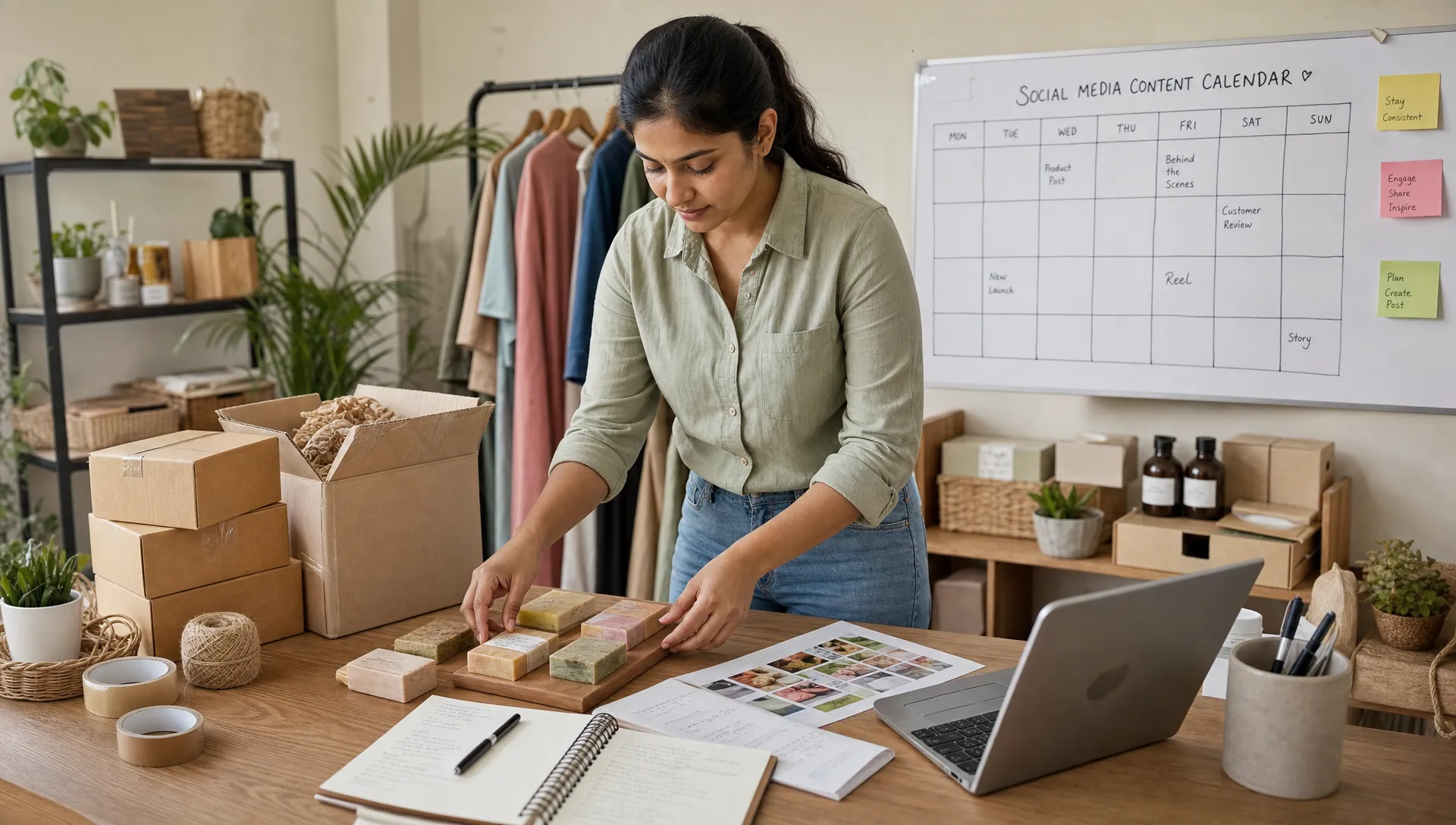 A small business owner arranges product samples, packaging materials and a social media content calendar on a worktable.