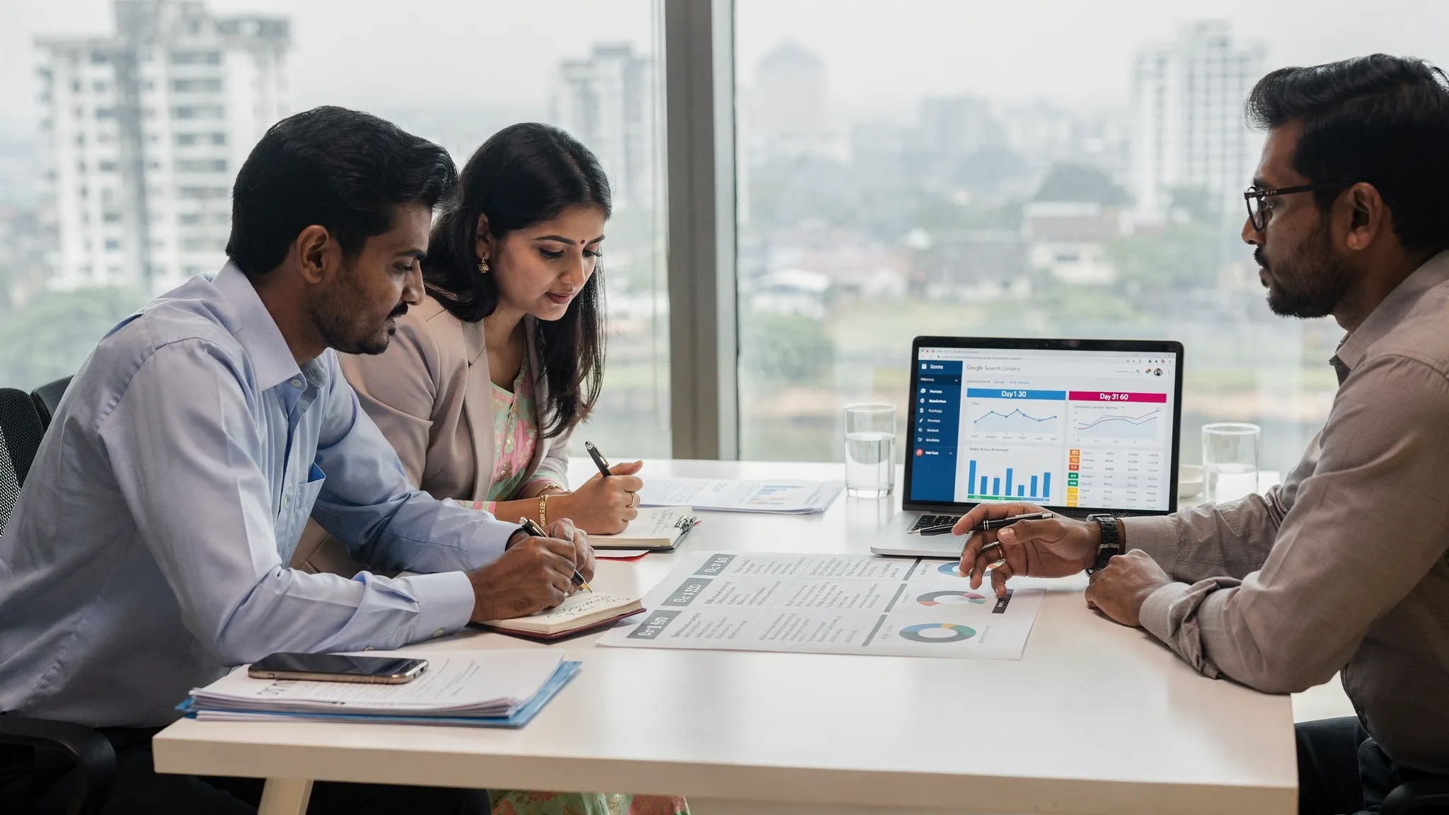 Two Chennai business owners meet with an SEO consultant in a bright office, reviewing a printed 90 day SEO roadmap and a laptop dashboard with Google Search Console and GA4 metrics. The screens are oriented correctly toward the people in the scene. The Chennai skyline and the Koovam river are faintly visible through the window.