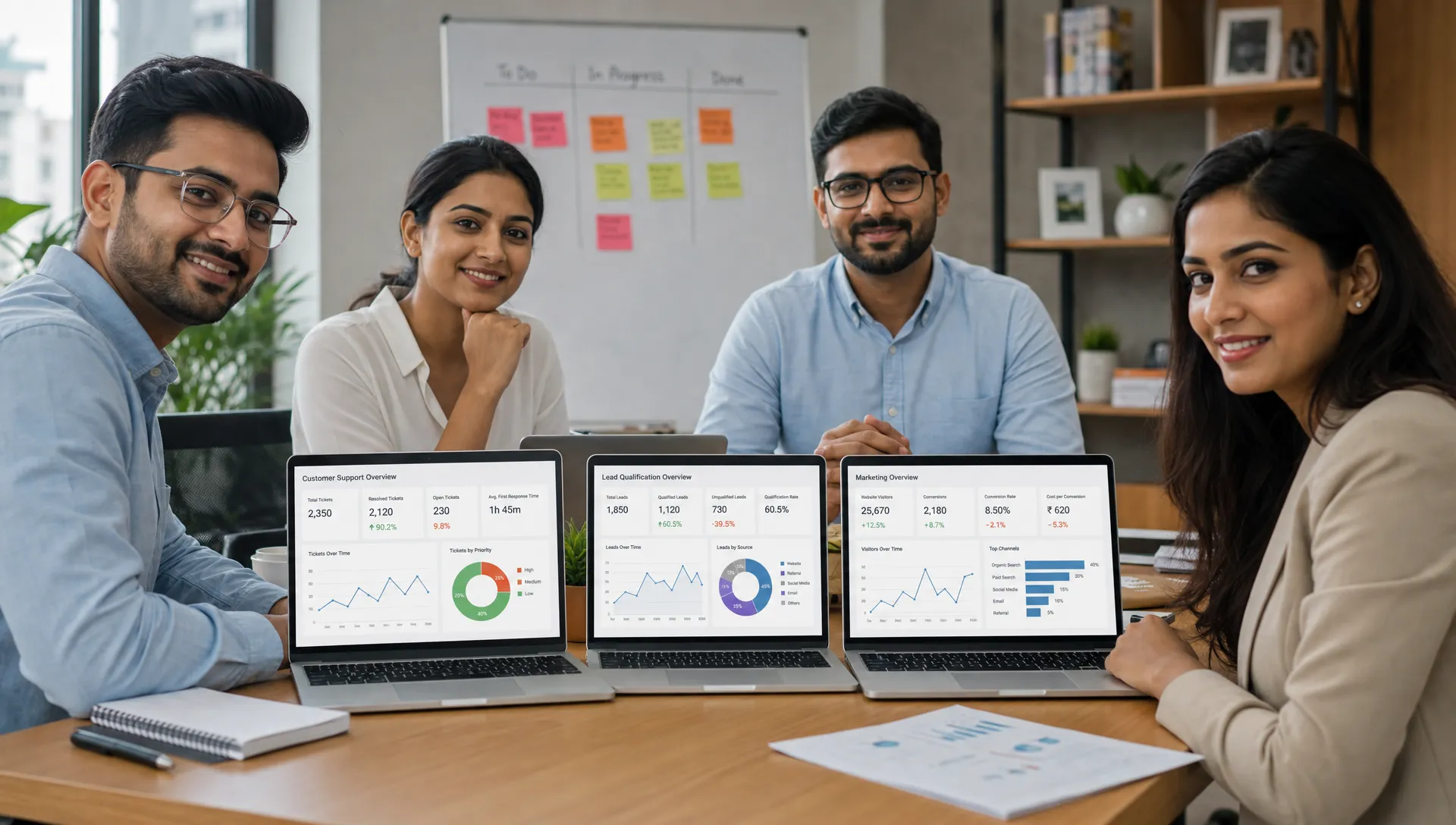 A business team reviews customer support, lead qualification and marketing insights on laptop screens facing the camera.