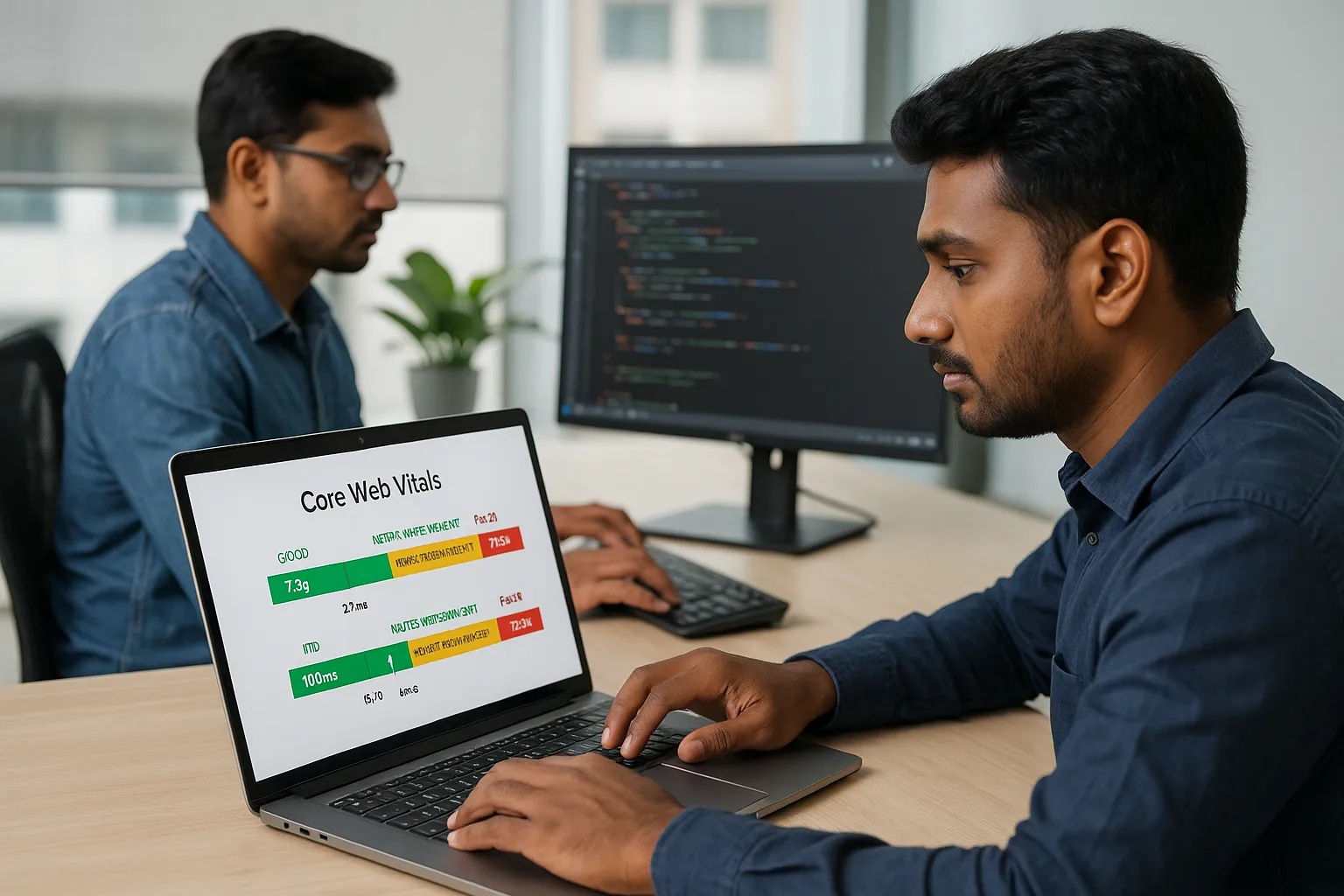 Developer checking Core Web Vitals performance graphs on a laptop while a colleague reviews code on a second monitor in a modern Chennai digital agency office.