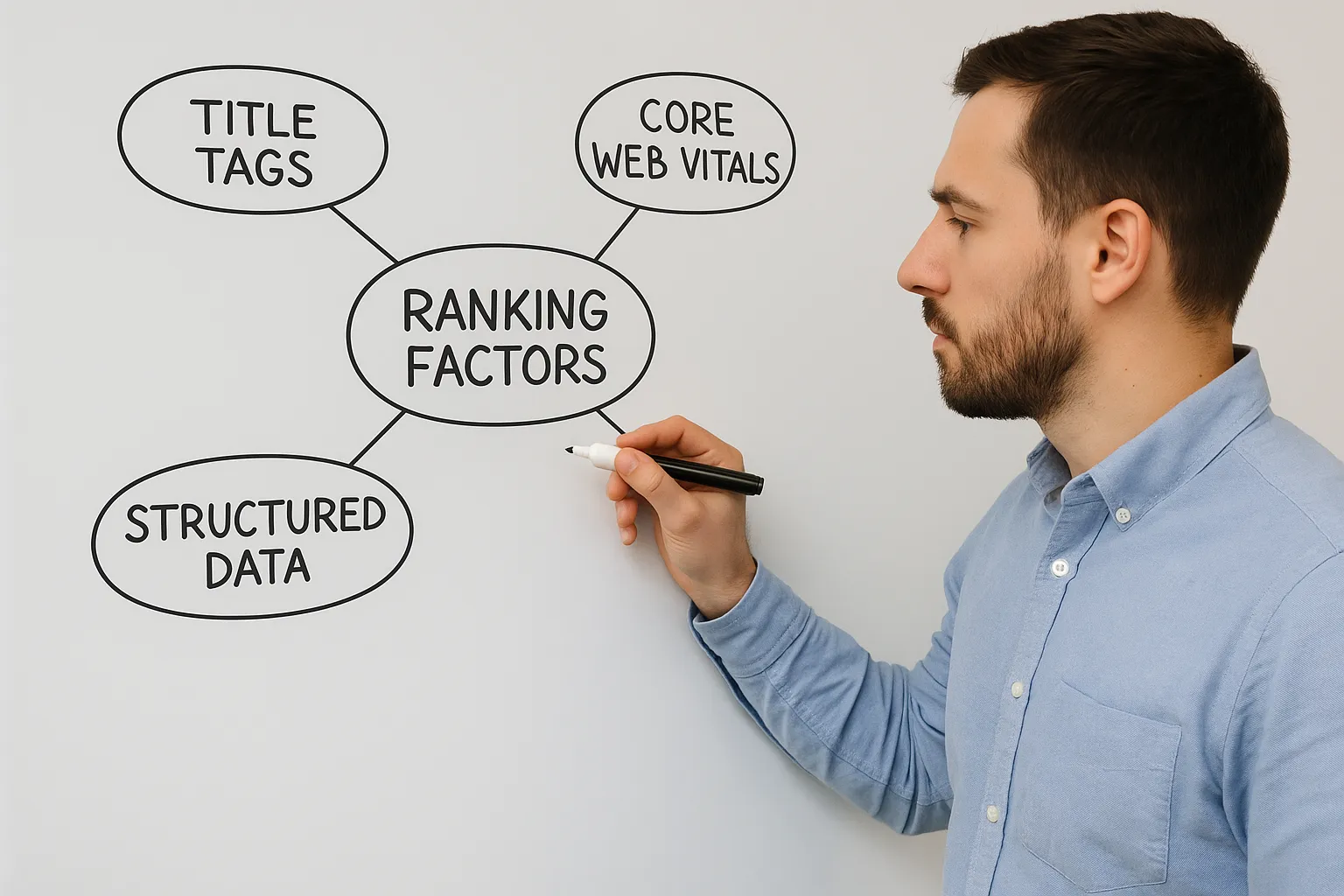 Marketer drawing a mind map on a whiteboard illustrating connections between title tags, core web vitals, structured data and content uniqueness as ranking factors.