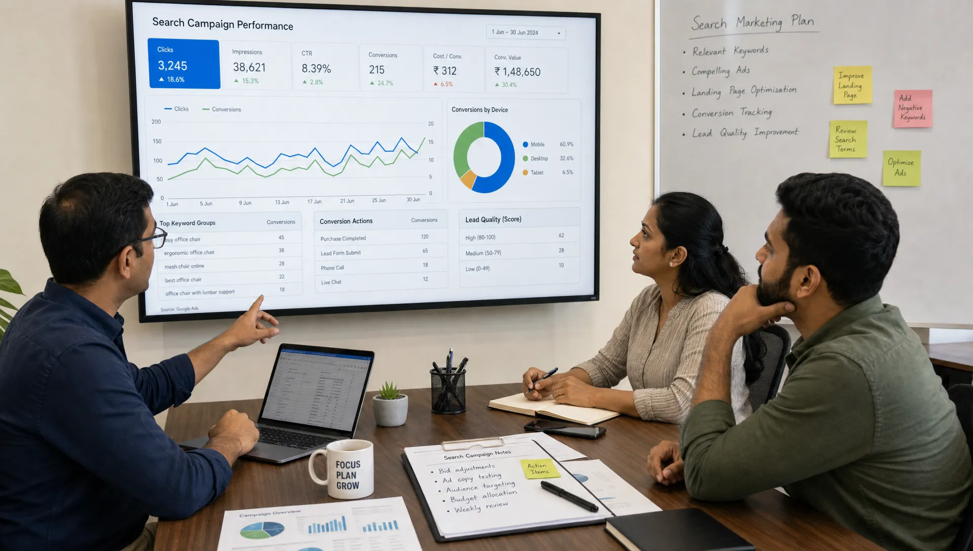A business owner and marketing team review campaign performance notes, keyword groups, conversion actions, and lead quality during a search marketing discussion.