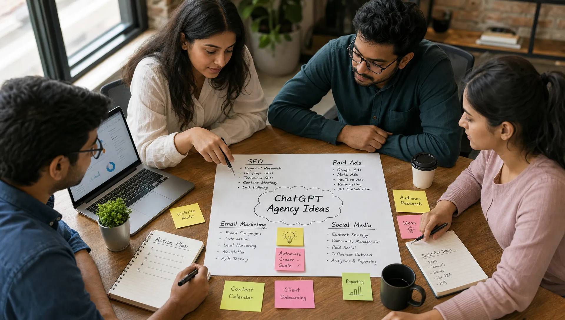 A marketing team reviews SEO, paid ads, email and social media notes around a shared workspace, with ChatGPT agency ideas on paper.